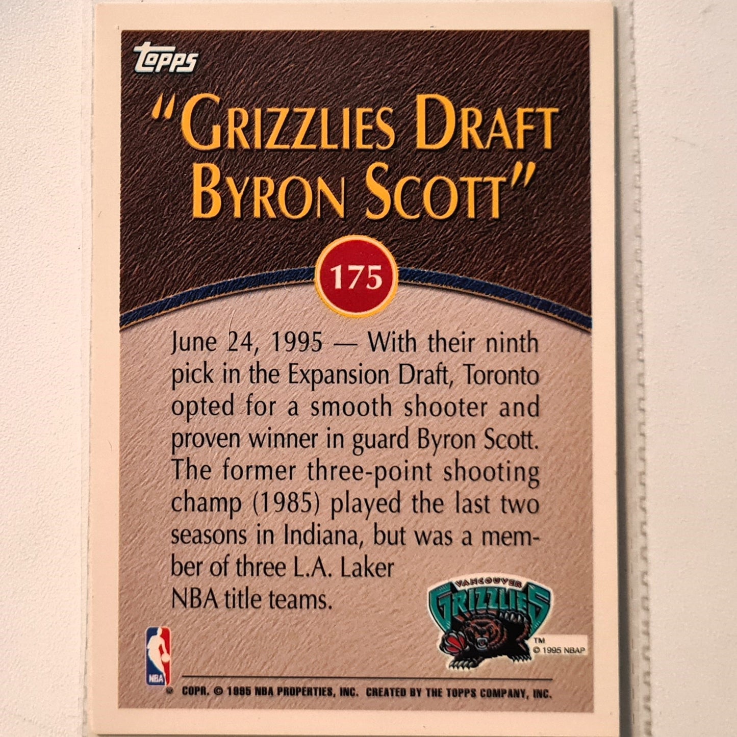 Byron Scott 1995 Topps Grizzlies Draft  NBA Basketball Vancouver Grizzlies Sleeved