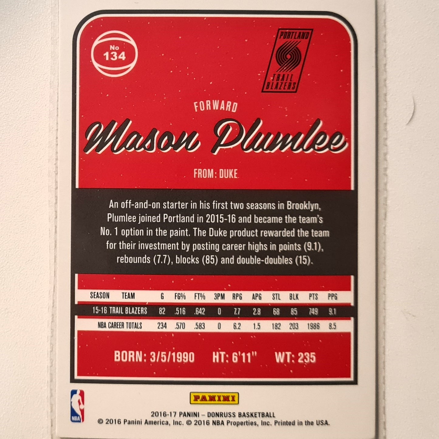 Mason Plumlee 2016-17 Panini Donruss winter edition #134 NBA Basketball Portland Trail Blazers Sleeved very good