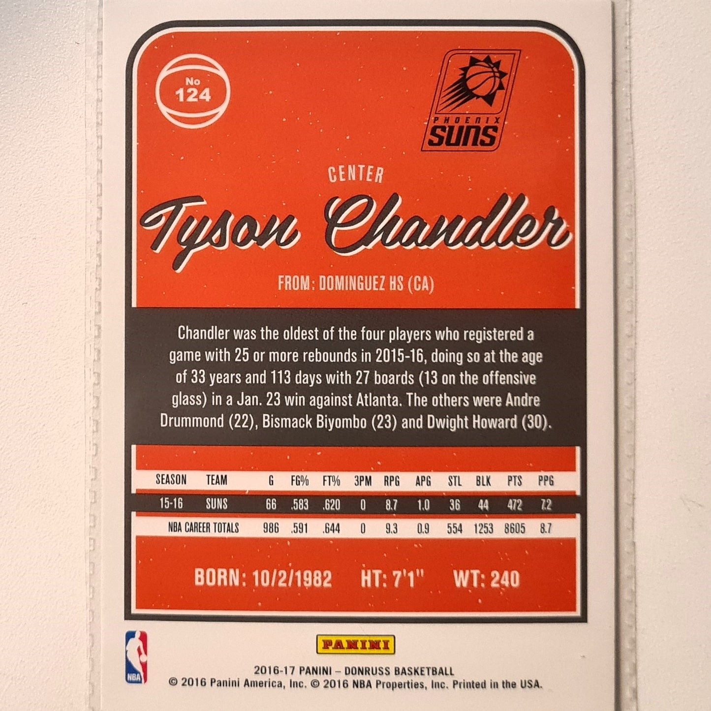 Tyson Chandler 2016-17 Panini Donruss winter edition #124 NBA Basketball Phoenix Suns very good Sleeved