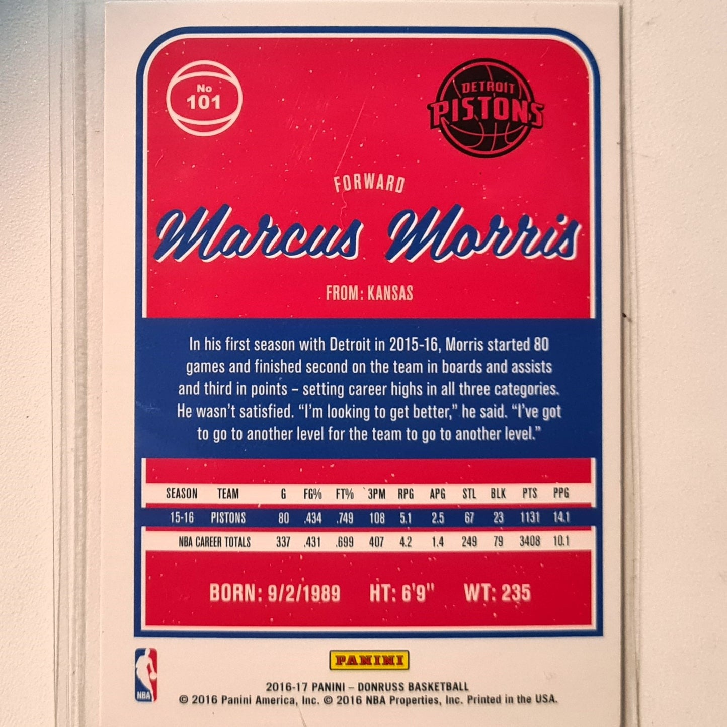 Marcus Morris 2016-17 Panini Donruss winter edition #101 NBA Basketball Detroit Pistons very good Sleeved