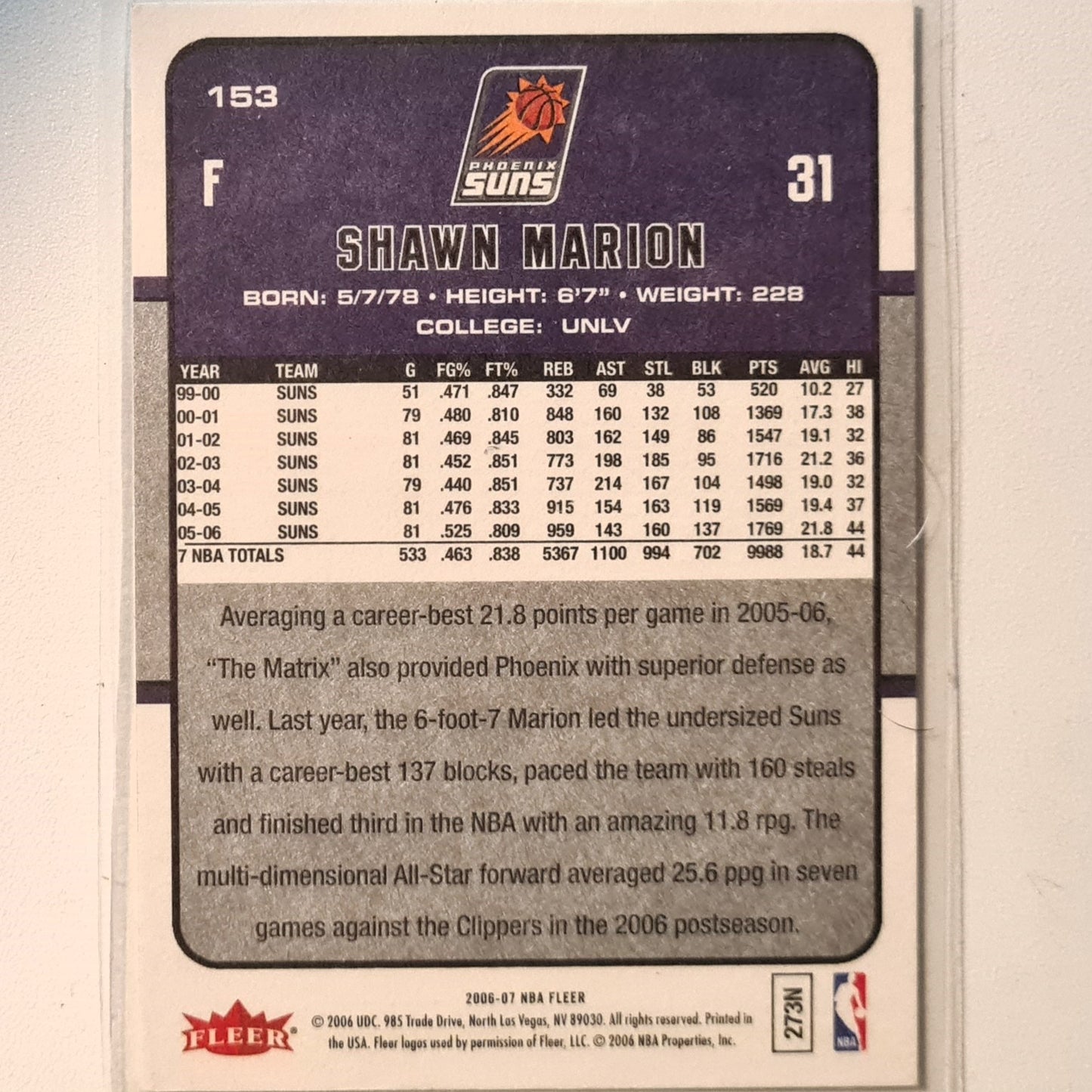 Shawn Marion 2006-07 Fleer #153 NBA Basketball Shawn Marion very good Sleeved