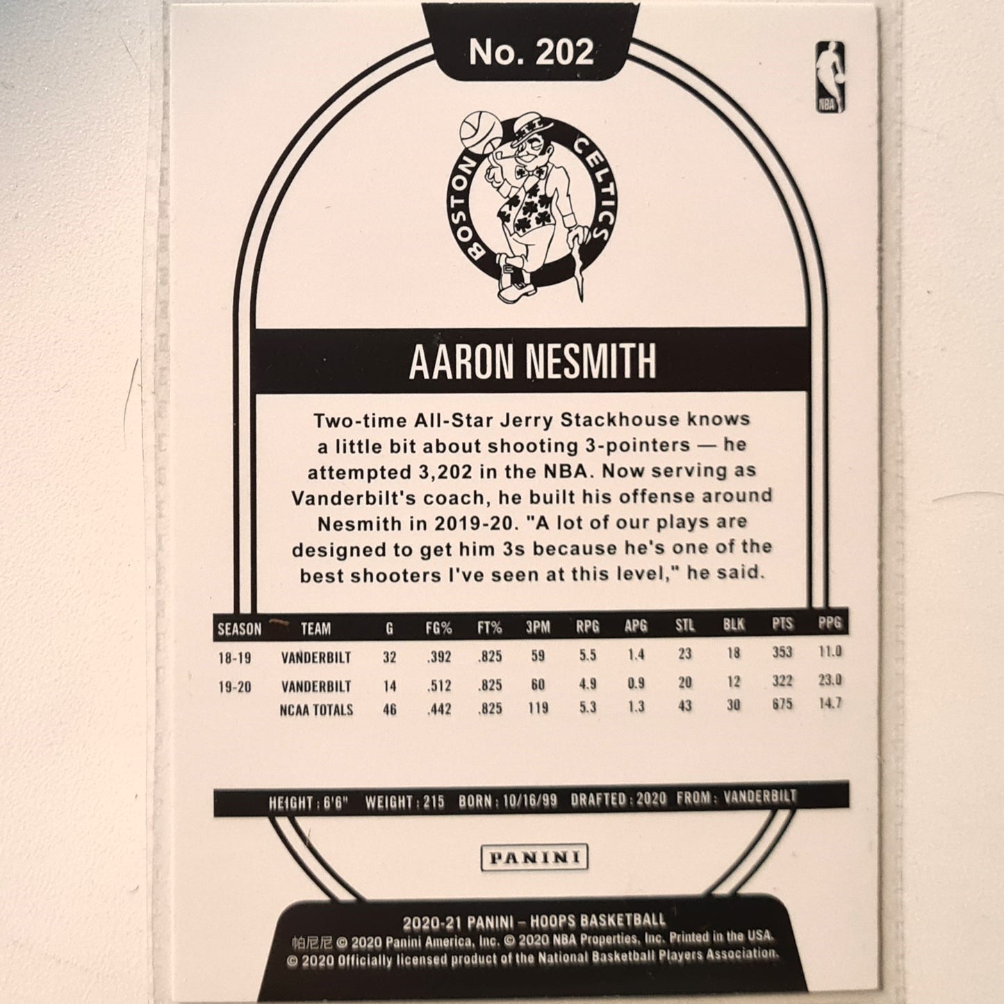 Aaron Nesmith 2020-21 Panini NBA Hoops Rookie RC #202 NBA Basketball Boston Celtics Excellent Sleeved