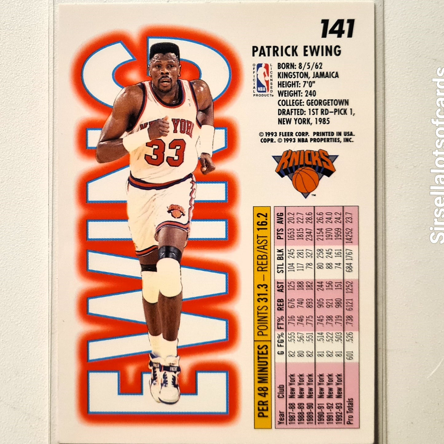 Patrick Ewing 1993 Fleer #141  NBA Basketball New York Knicks Excellent/mint Sleeved