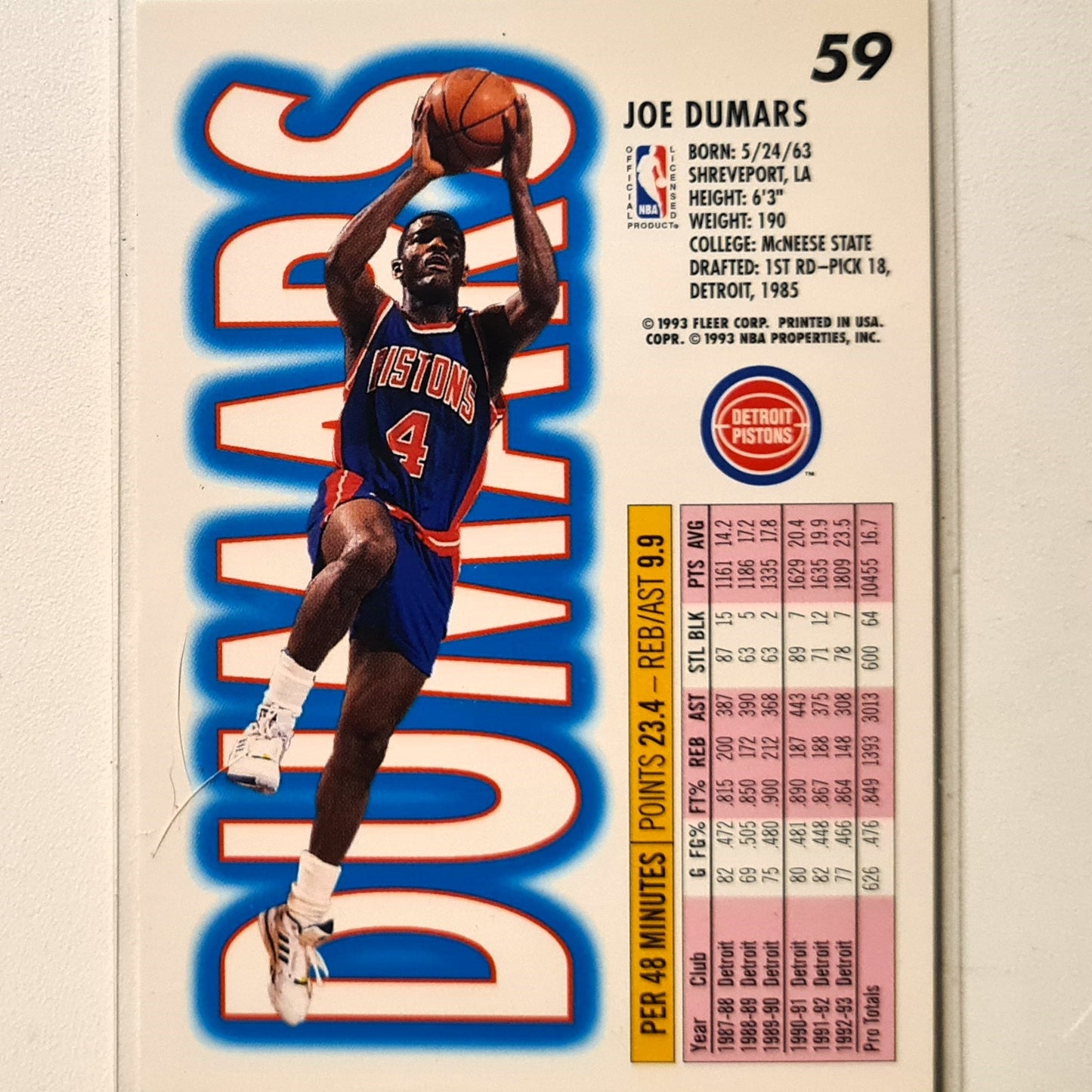Joe Dumars 1993 Fleer #59  NBA Basketball Detroit Pistons Excellent/mint Sleeved