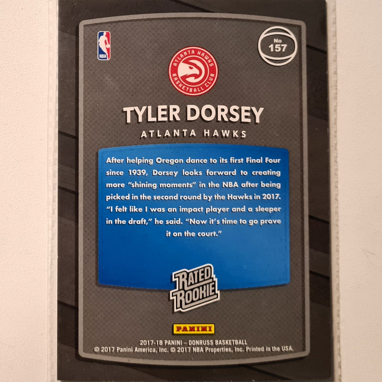 Tyler Dorsey 2017-18 Panini Donruss Rookie RC #157NBA Basketball Atlanta Hawks Excellent Sleeved