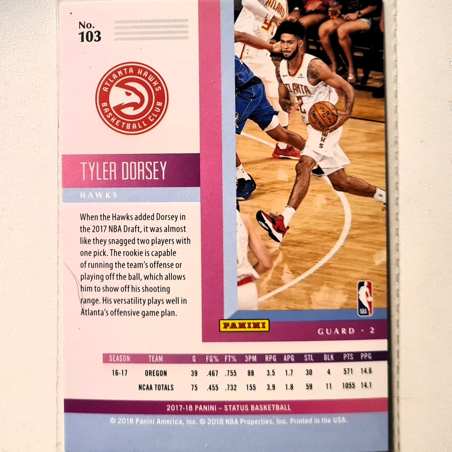 Tyler Dorsey 2017-18 Panini Status Rookie RC #103 NBA Basketball Atlanta Hawks Excellent Sleeved