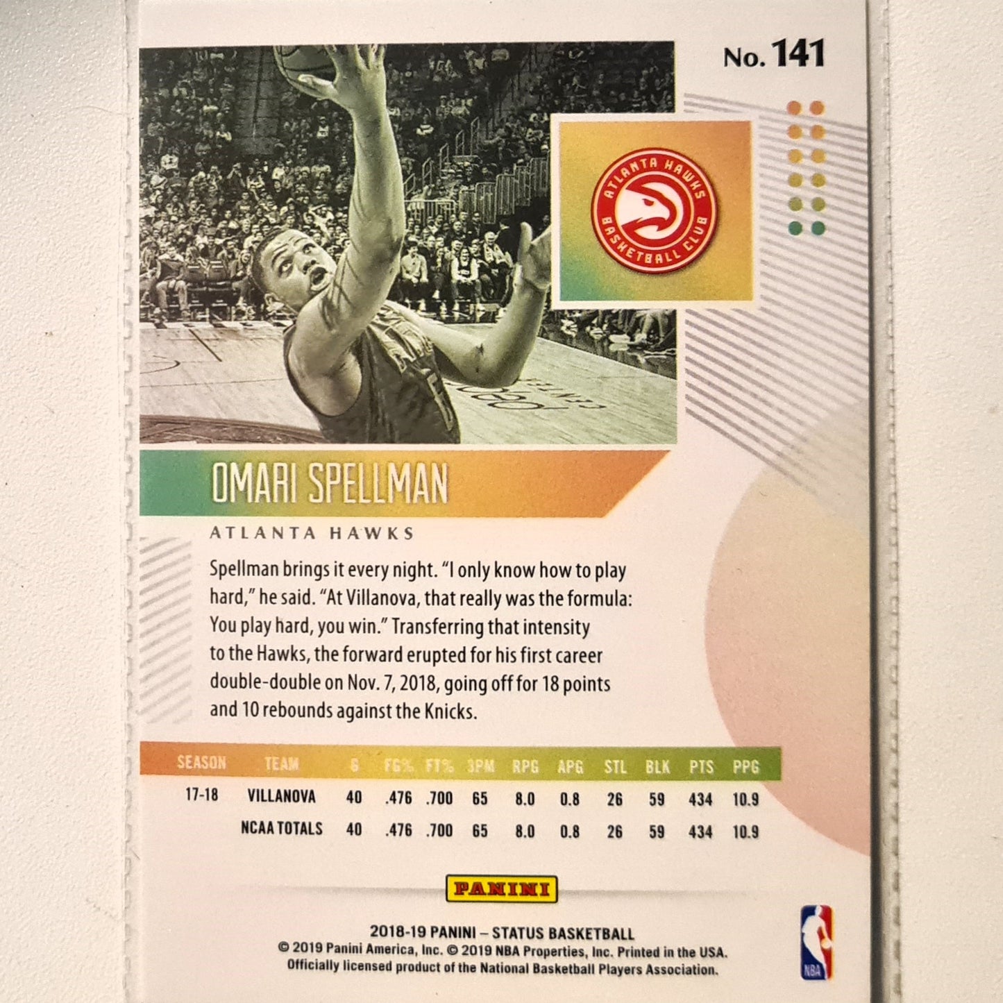 Omari Spellman 2018-19 Panini Status S Rookie RC #141 NBA Basketball Atlanta Hawks Excellent/mint Sleeved