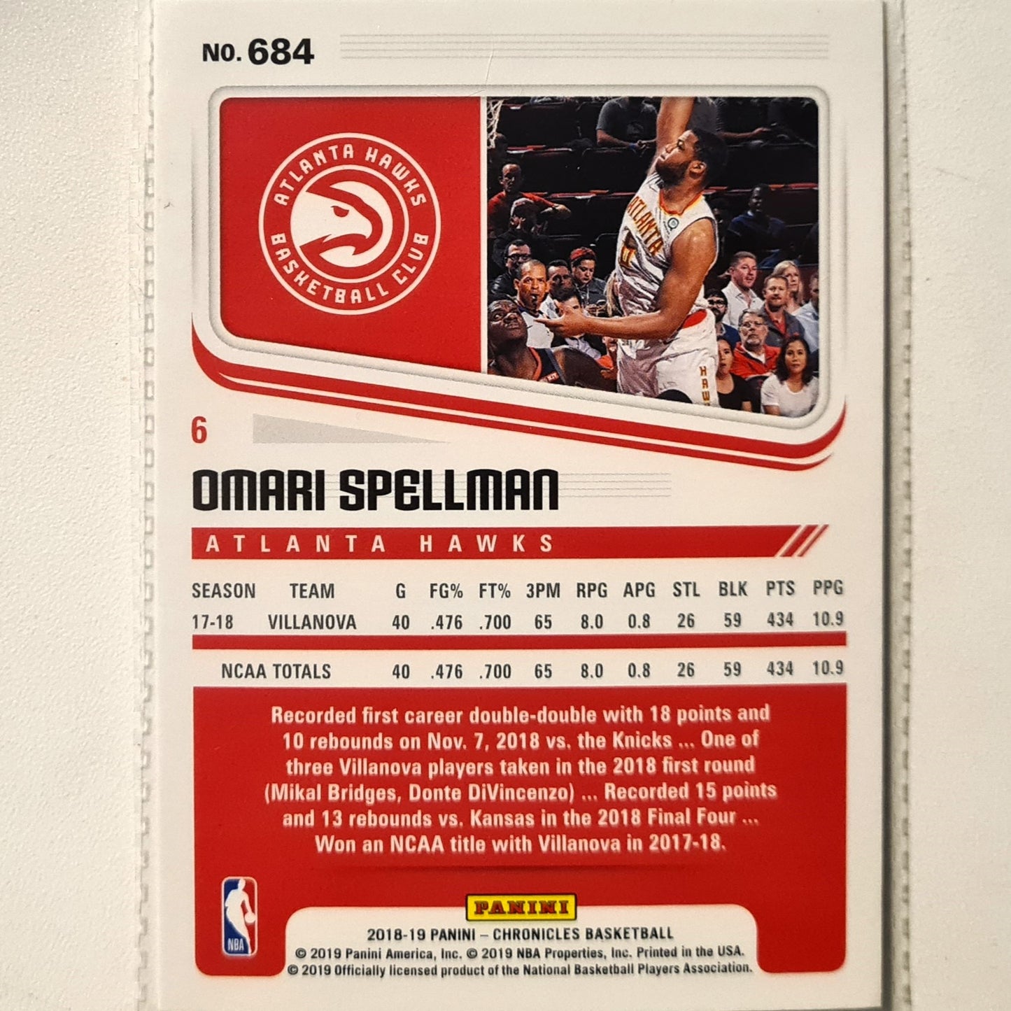 Omari Spellman 2018-19 Panini Chronicles Score Rookie RC #684 NBA Basketball Atlanta Hawks Excellent/mint Sleeved