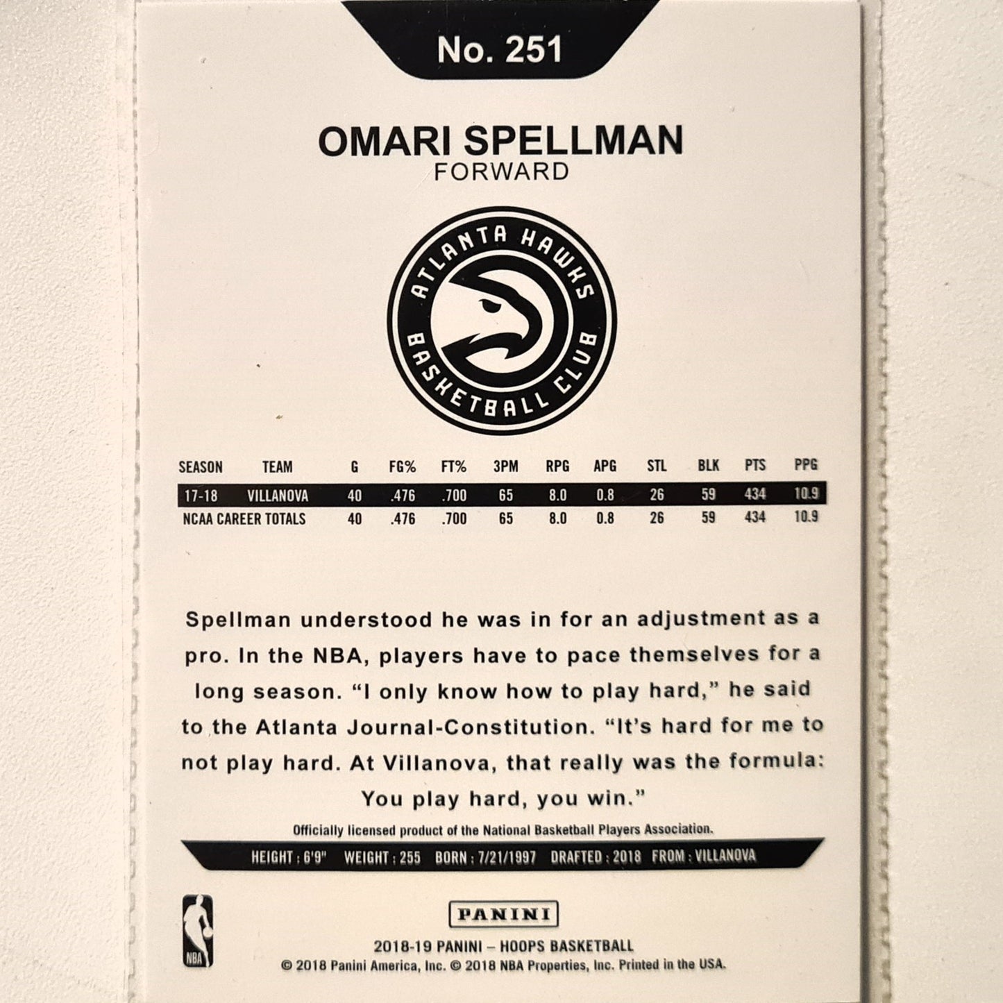 Omari Spellman 2018-19 Panini Hoops Rookie RC #251 NBA Basketball Atlanta Hawks Excellent/mint Sleeved
