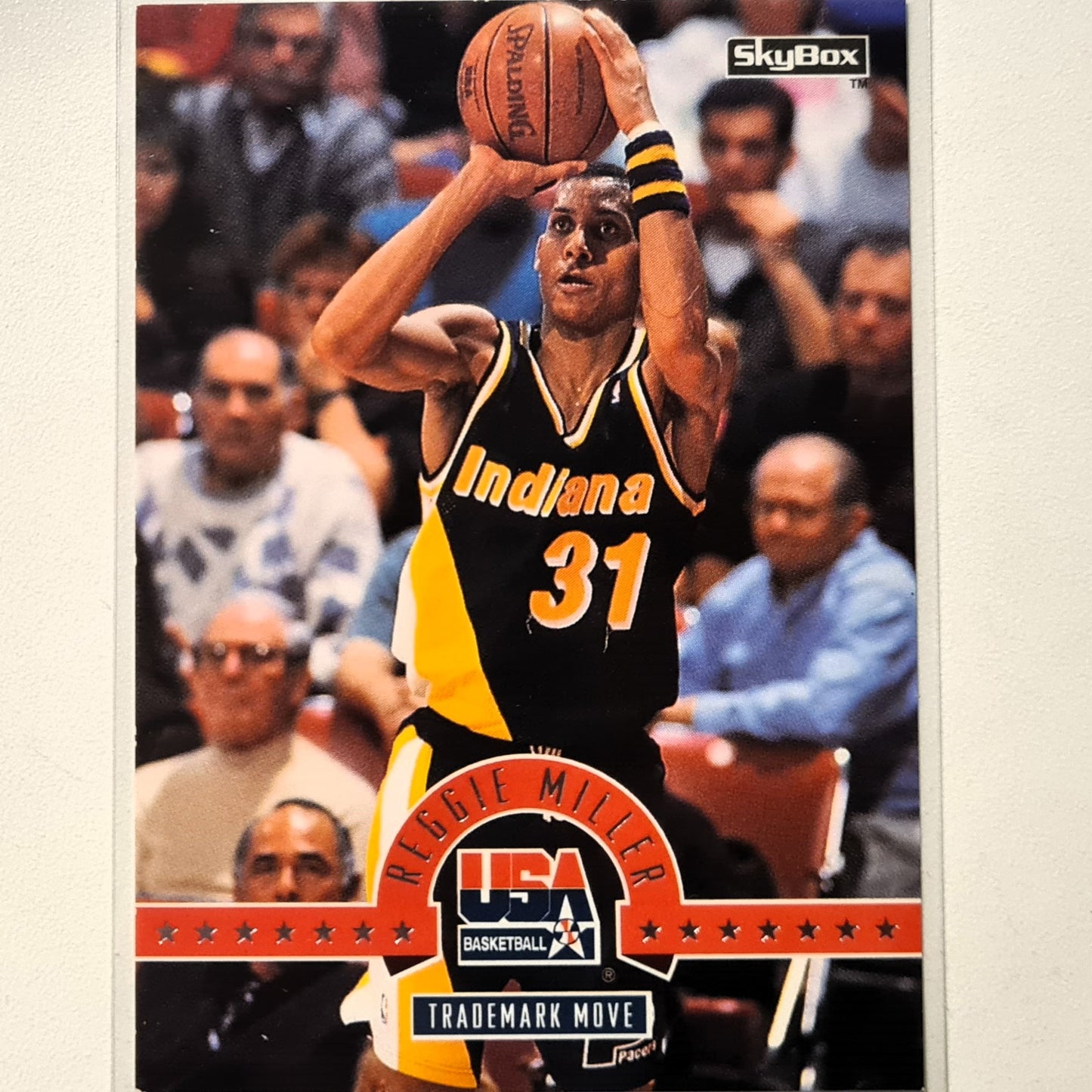 Reggie Miller 1994 Skybox USA Basketball trademark move #77 insert NBA Basketball Indiana Pacers very good Sleeved