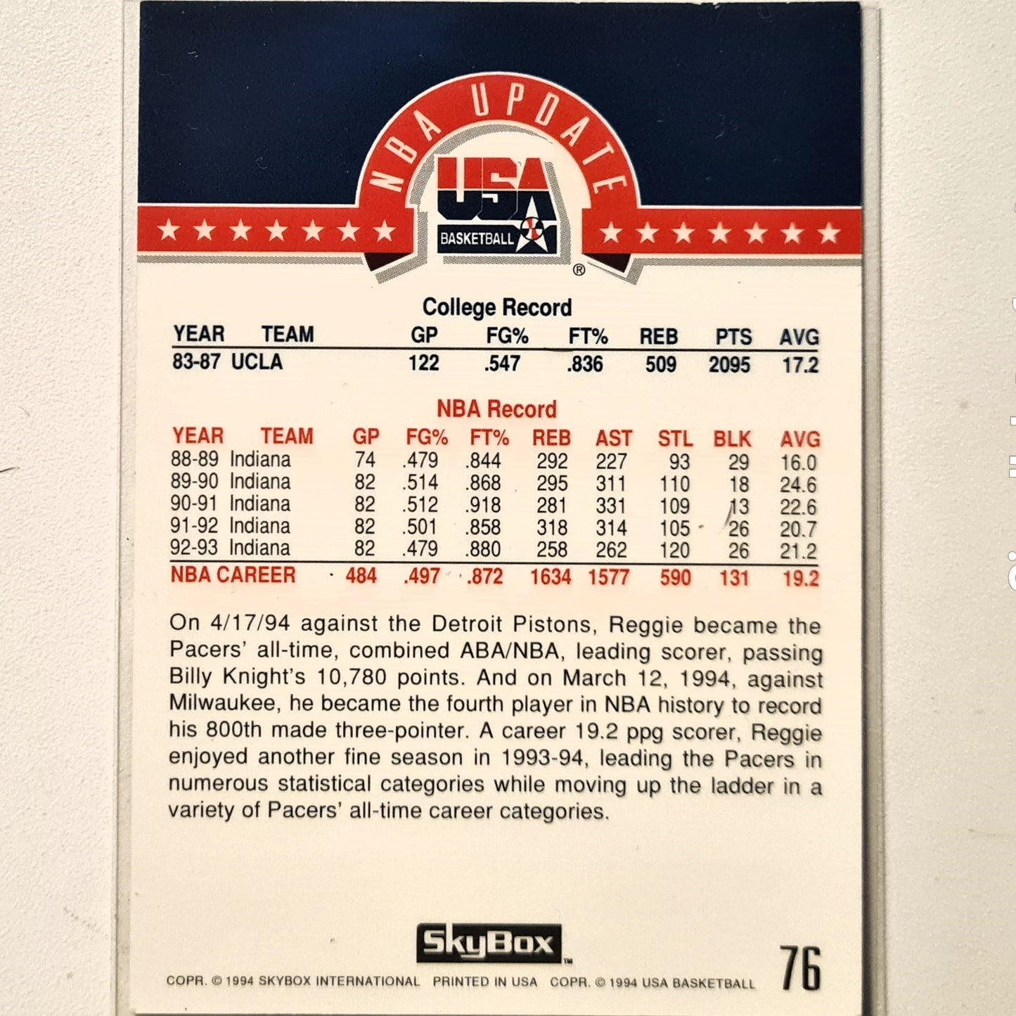 Reggie Miller 1994 Skybox USA Basketball NBA Update #76 insert NBA Basketball Indiana Pacers very good Sleeved