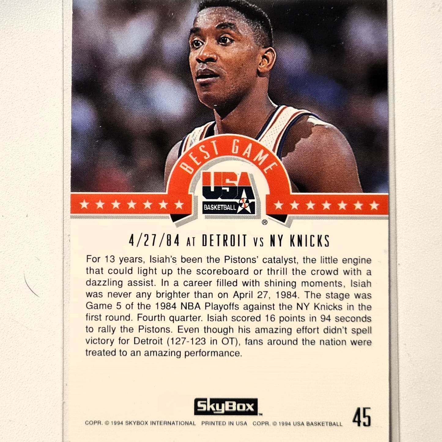 Isiah Thomas 1994 Skybox USA Basketball best game #45 NBA Basketball Detroit Pistons very good Sleeved
