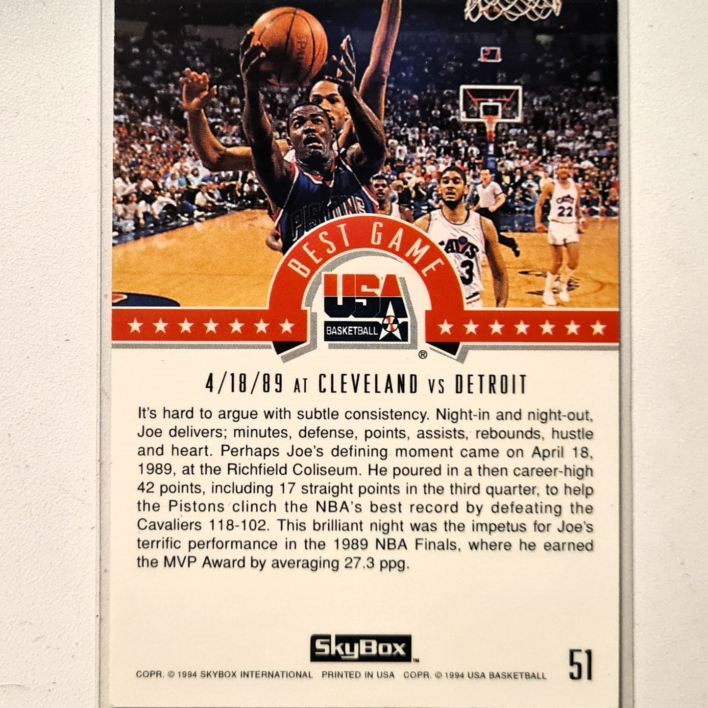 joe Dumars 1994 Skybox USA Basketball best game #51 NBA Basketball Detroit Pistons very good Sleeved