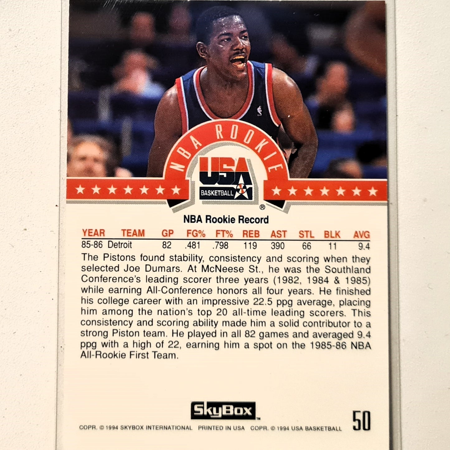joe Dumars 1994 Skybox USA Basketball NBA Rookie #50 NBA Basketball Detroit Pistons very good Sleeved