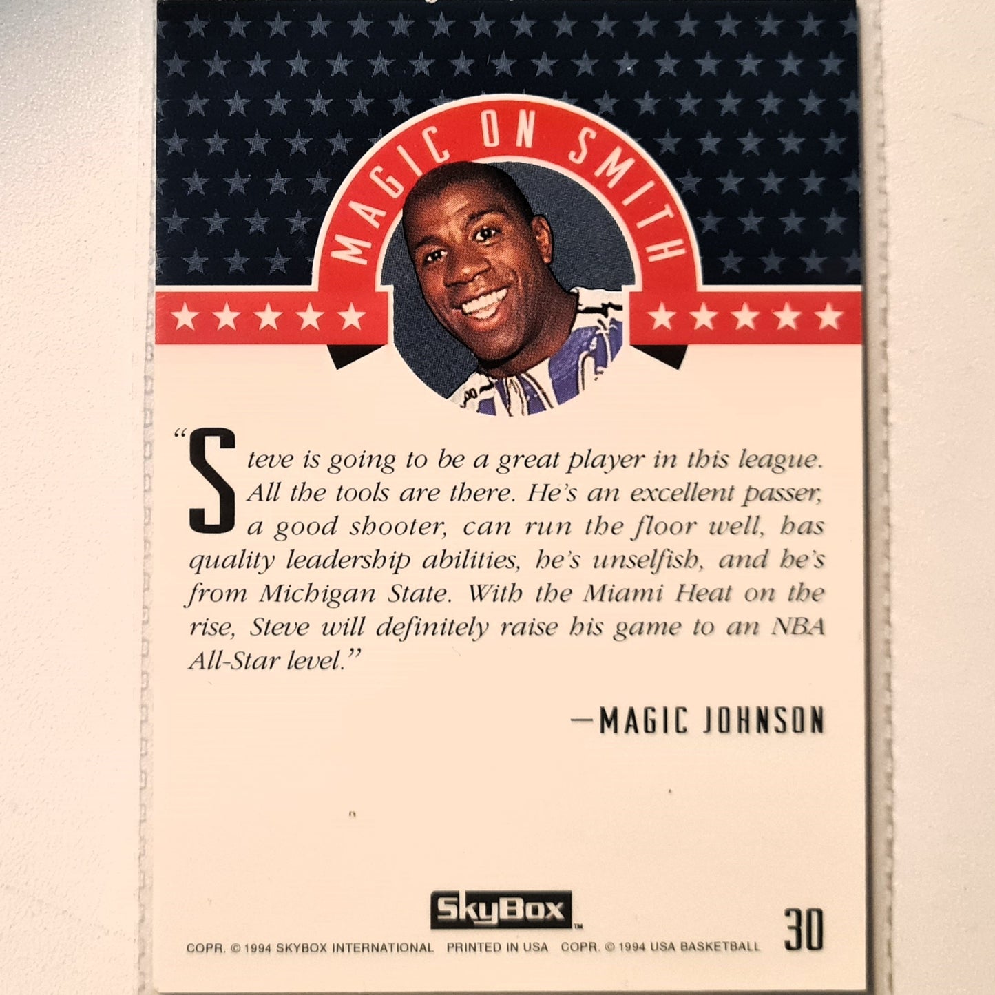 Steve Smith 1994 Skybox USA Basketball Magic On #30 NBA Basketball Miami Heat very good Sleeved