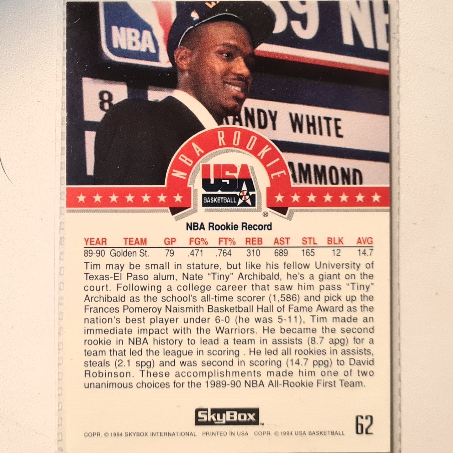 Tim Hardaway 1994 Skybox USA Basketball NBA Rookie #62 NBA Basketball Golden State Warriors very good