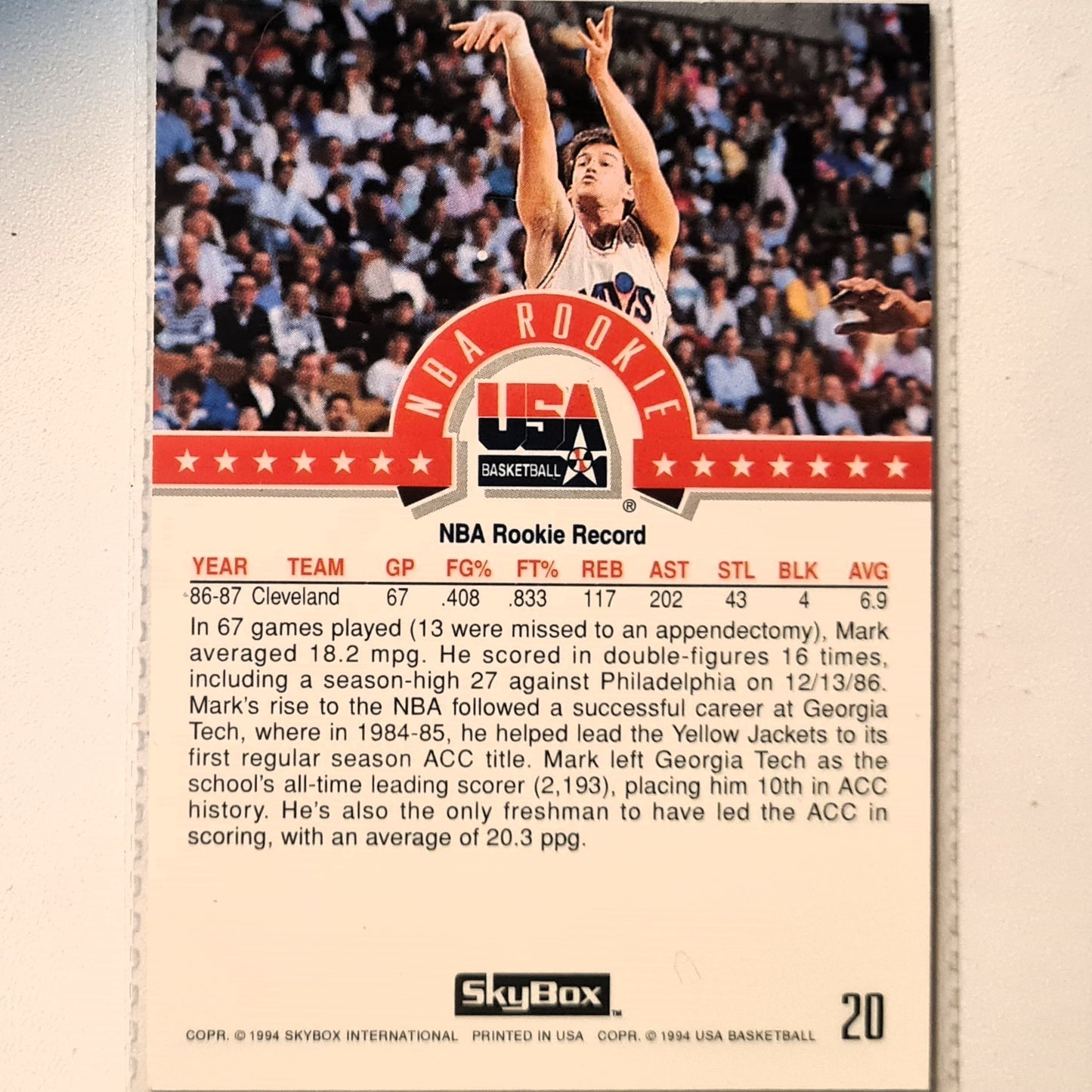 Mark Price 1994 Skybox USA Basketball NBA Rookie #20 NBA Basketball Cleveland Cavaliers very good