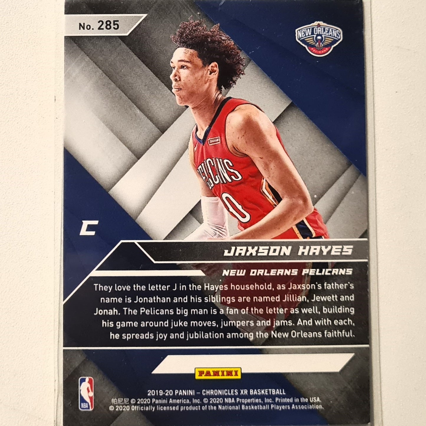 Jaxson Hayes 2019-20 Panini Chronicles XR Rookie RC #285 NBA Basketball New Orleans Pelicans Excellent Sleeved