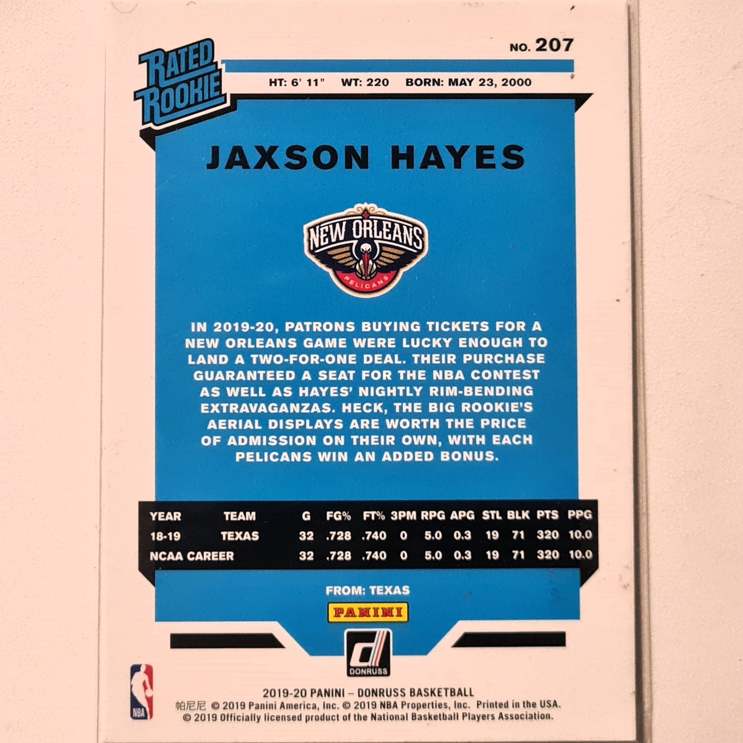 Jaxson Hayes 2019-20 Panini Donruss Rated Rookie RC #207 NBA Basketball New Orleans Pelicans Excellent Sleeved