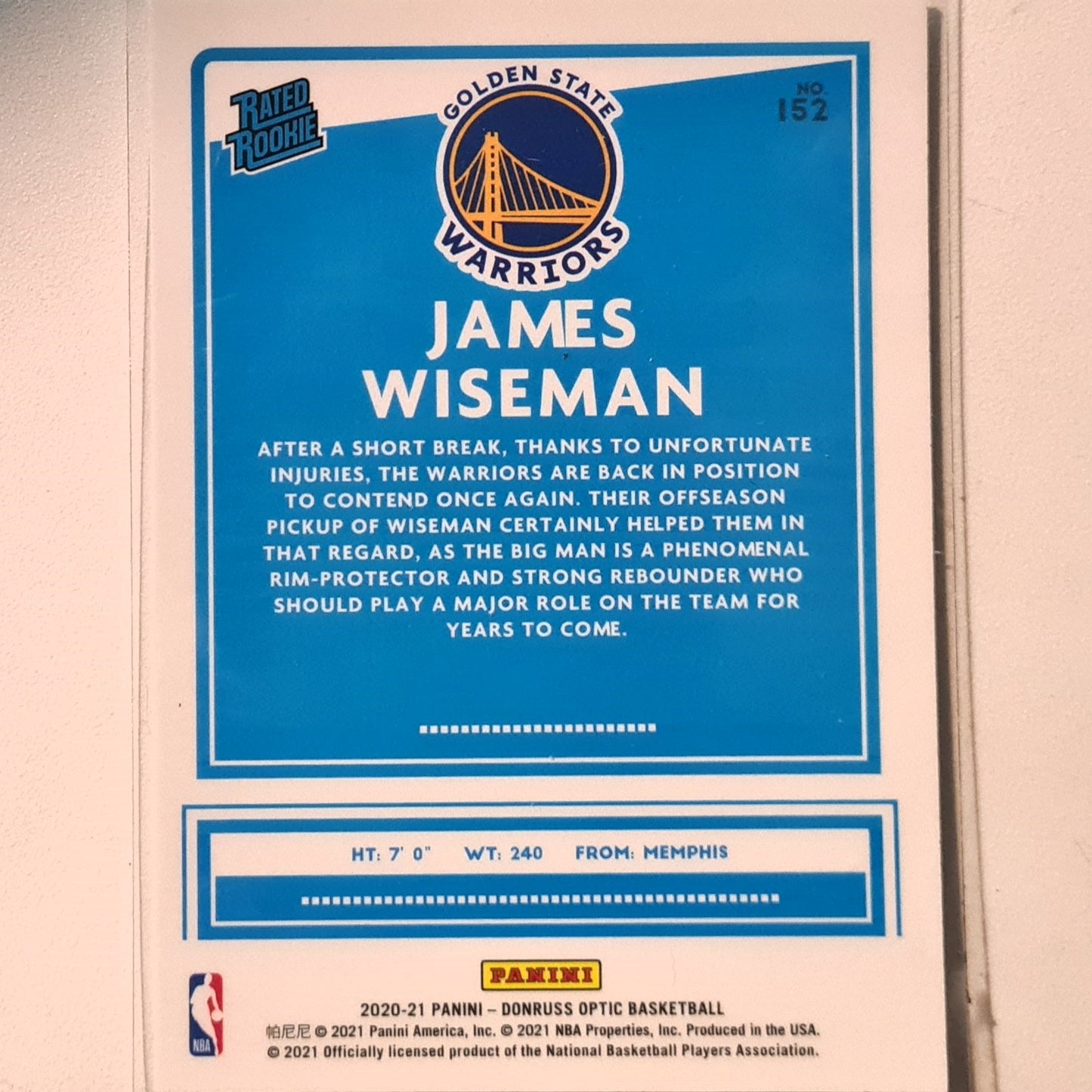 James Wiseman 2020-21 Panini Donuss Optic Rated Rookie RC #152 NBA Basketball Golden State Warriors Excellent/mint sleeved