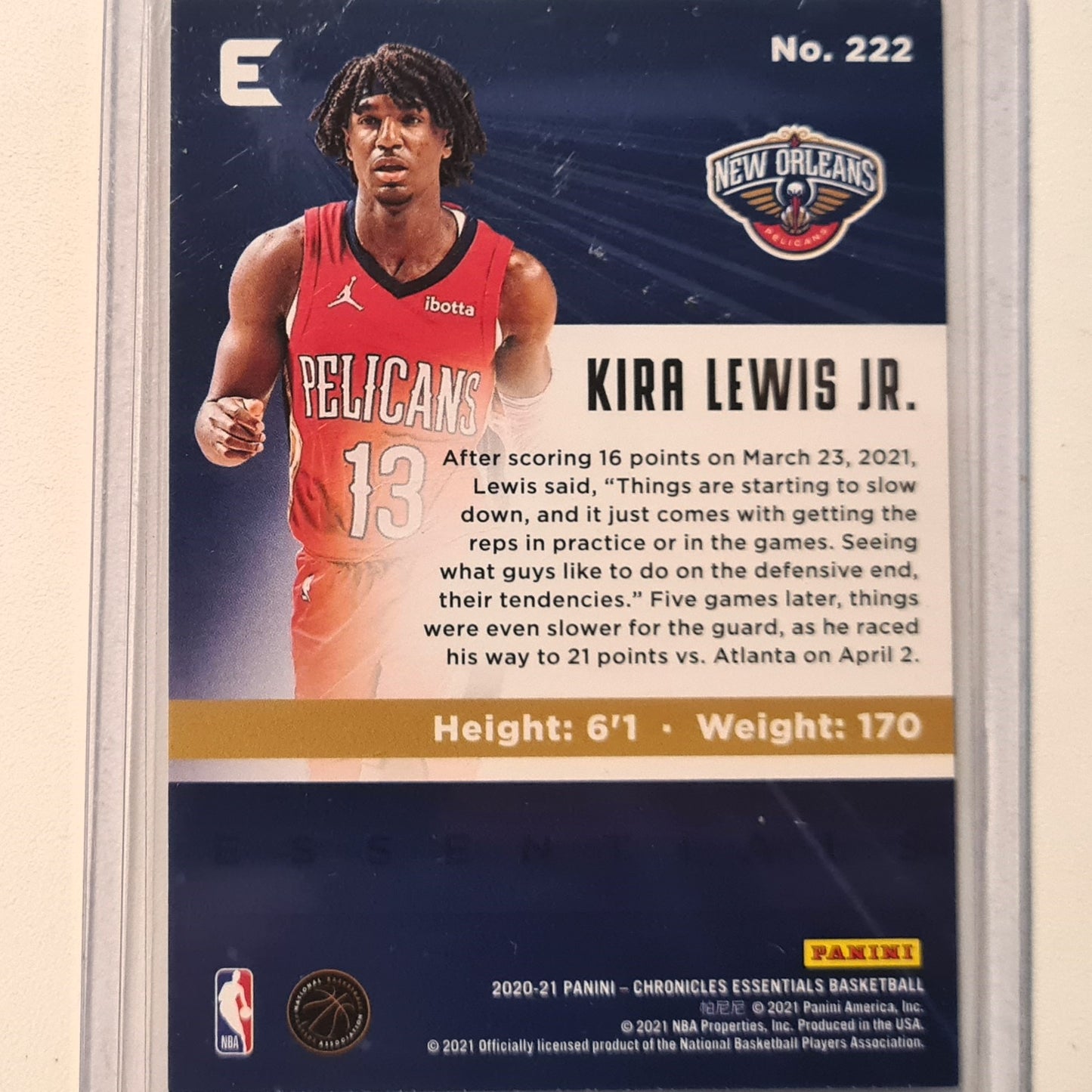 Kira Lewis Jr 2020-21 Panini Chronicles Essentials Rookie RC #222 NBA Basketball New Orleans Pelicans Excellent-Mint Sleeved