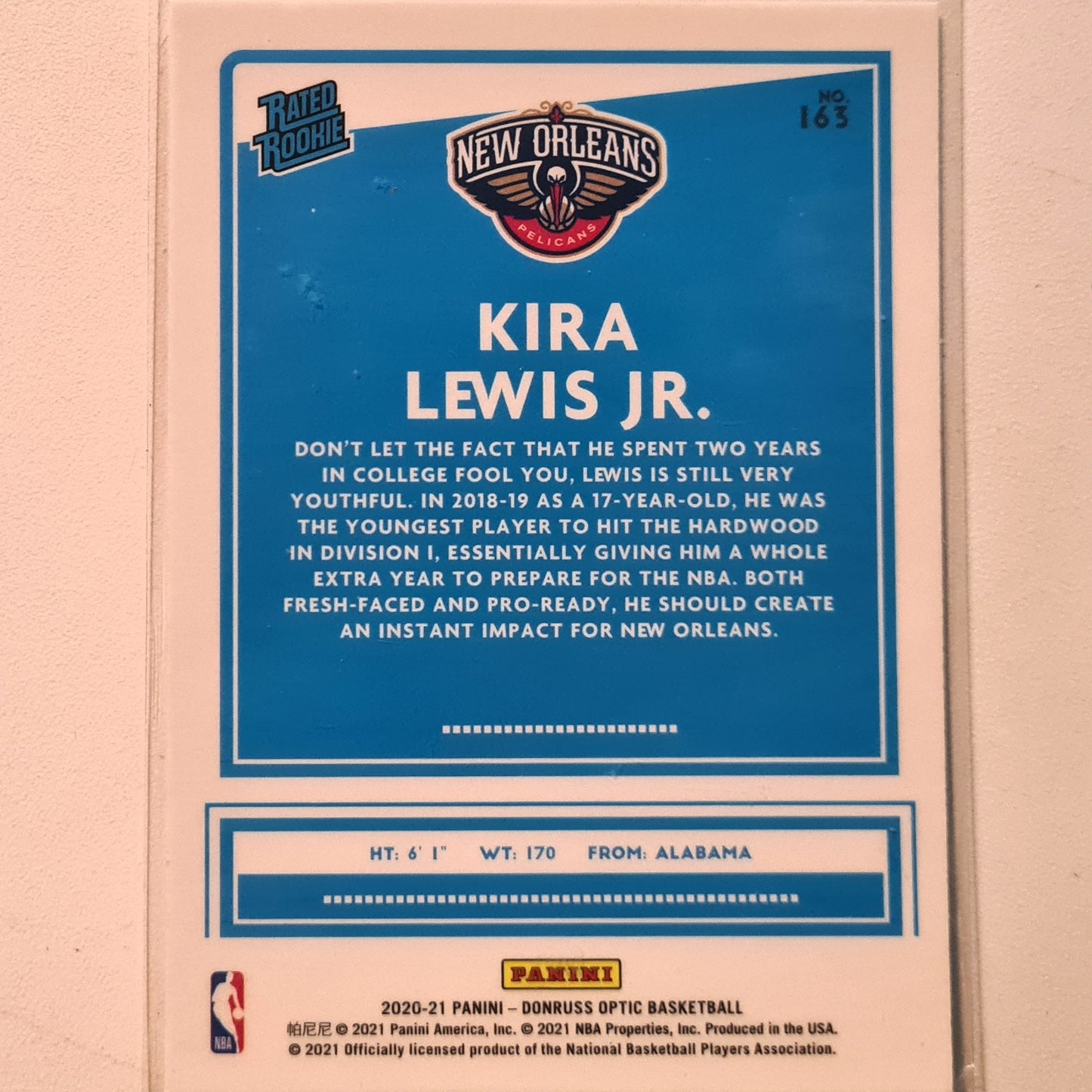 Kira Lewis Jr 2020-21 Panini Donruss Optic Rookie RC #163 NBA Basketball New Orleans Pelicans Excellent-Mint Sleeved
