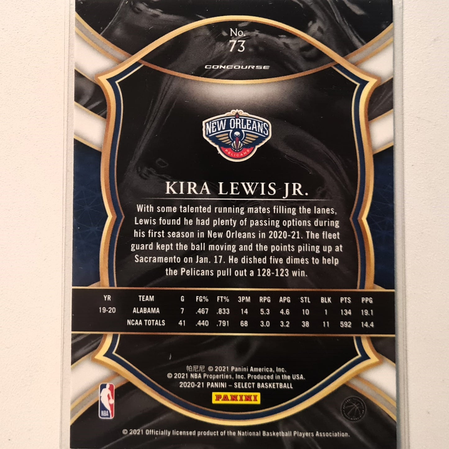 Kira Lewis Jr 2020-21 Panini Select concourse Rookie RC #73 NBA Basketball New Orleans Pelicans Excellent-Mint Sleeved