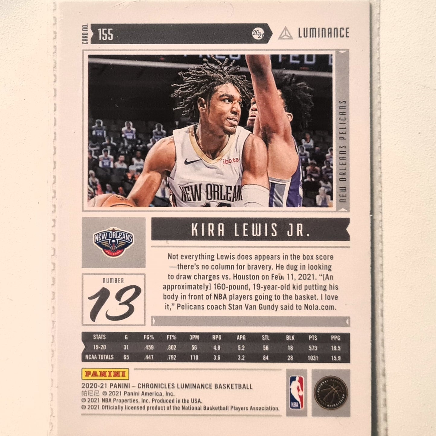 Kira Lewis Jr 2020-21 Panini Chronicles Luminance teal variant Rookie RC #155 NBA Basketball New Orleans Pelicans Excellent-Mint Sleeved