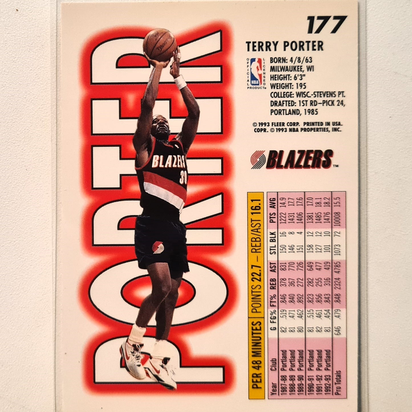 Terry Porter 1993 Fleer #177 NBA Basketball Portland Trail Blazers Excellent Sleeved