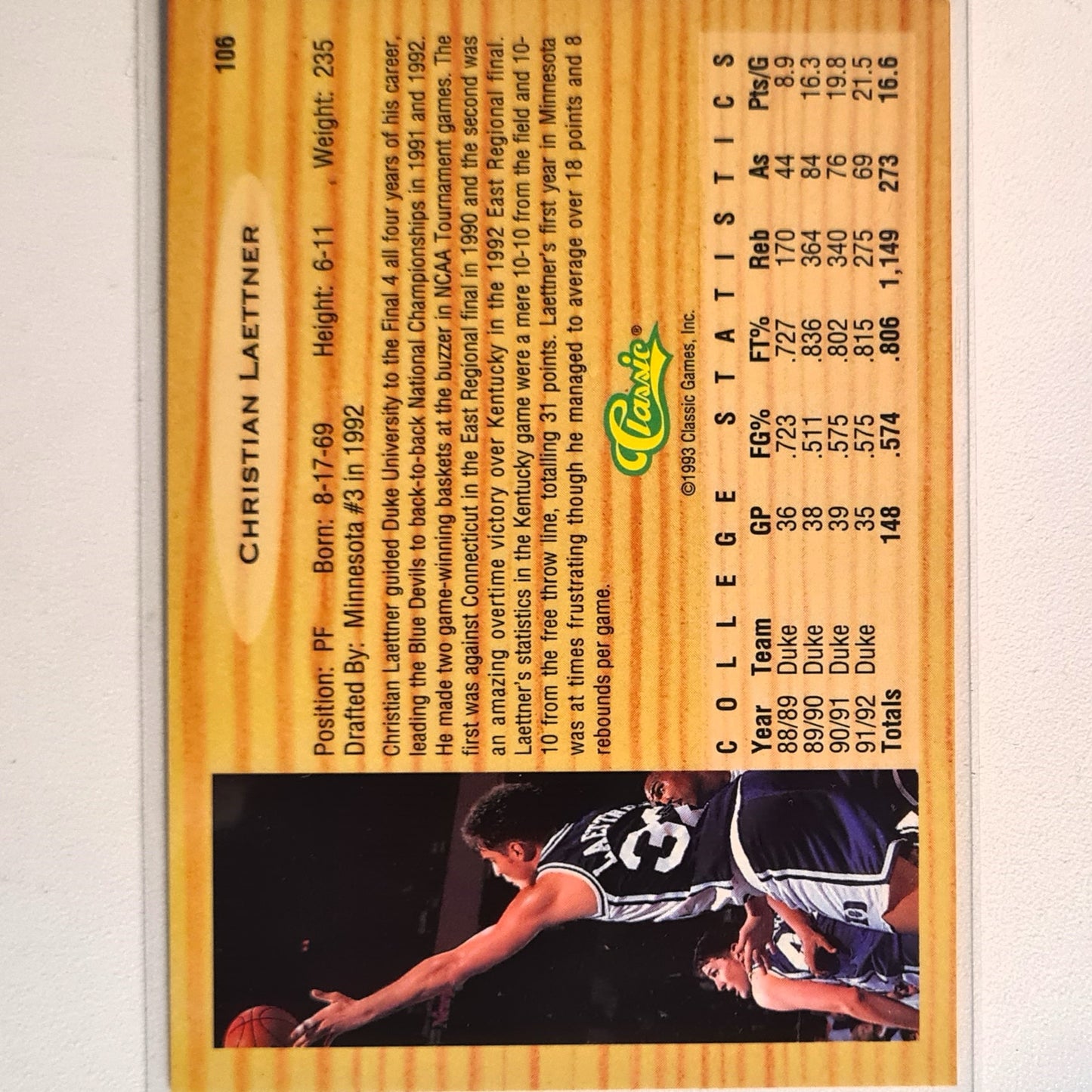 Christian Laettner 1993 Classic Draft Picks Rookie RC #106 NBA Basketball Duke Excellent/mint  Sleeved