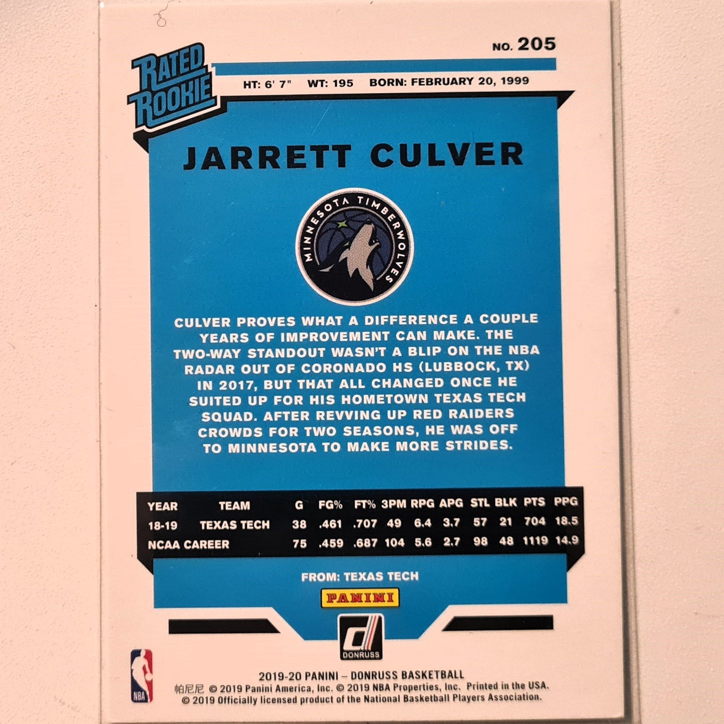 Jarrett Culver 2019-20 Panini Donruss Rated Rookie RC #205 NBA Basketball Minnesota Timberwolves Excellent/mint Sleeved