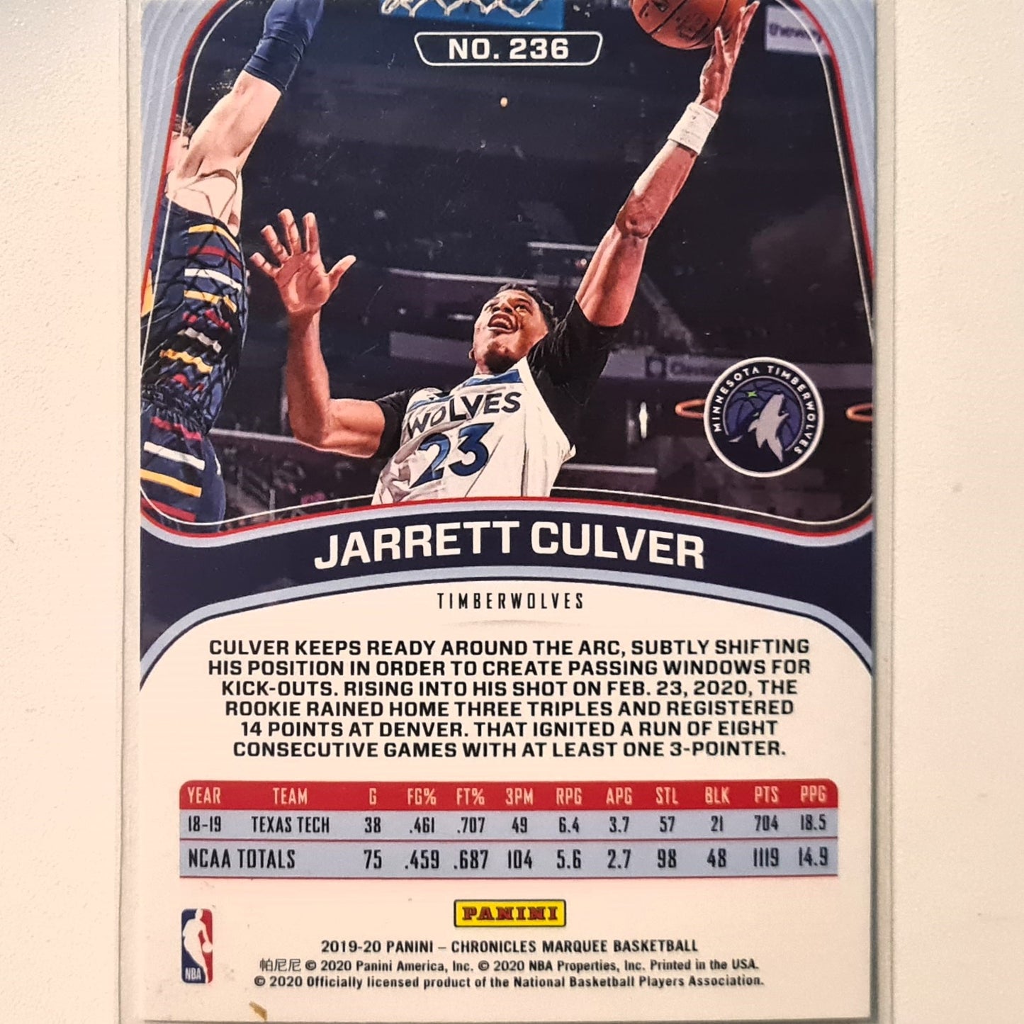 Jarrett Culver 2019-20 Panini Chronicles Marquee Rookie RC #236 NBA Basketball Minnesota Timberwolves Excellent/mint Sleeved