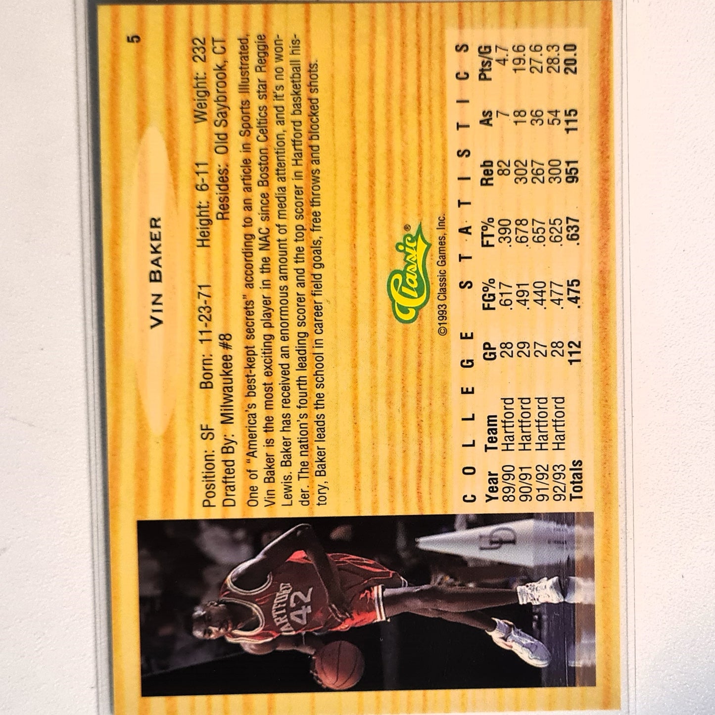 Vin Baker 1993 Classic Draft Picks Rookie RC #5 NBA Basketball Hartford Excellent/mint Sleeved