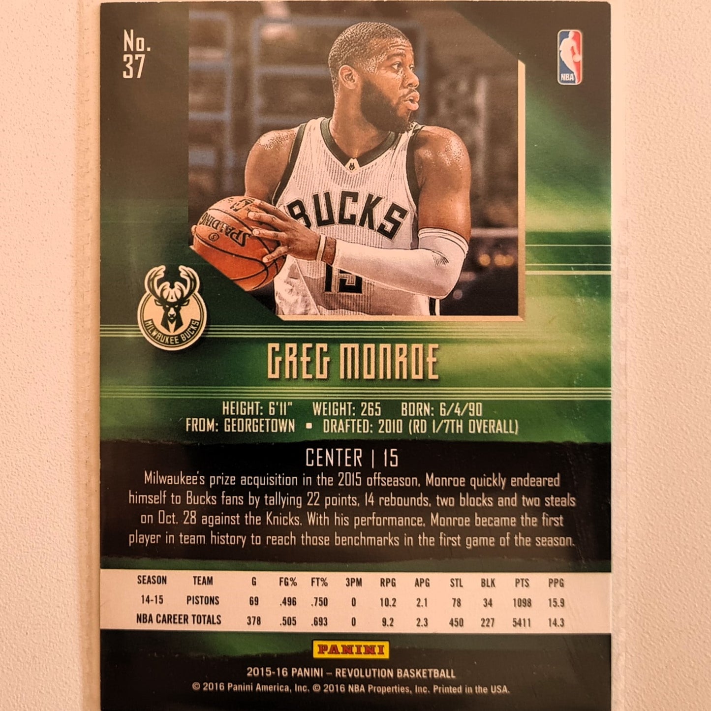 Greg Monroe 2015-16 Panini Revolution #37 NBA Basketball Milwaukee Bucks very good sleeved