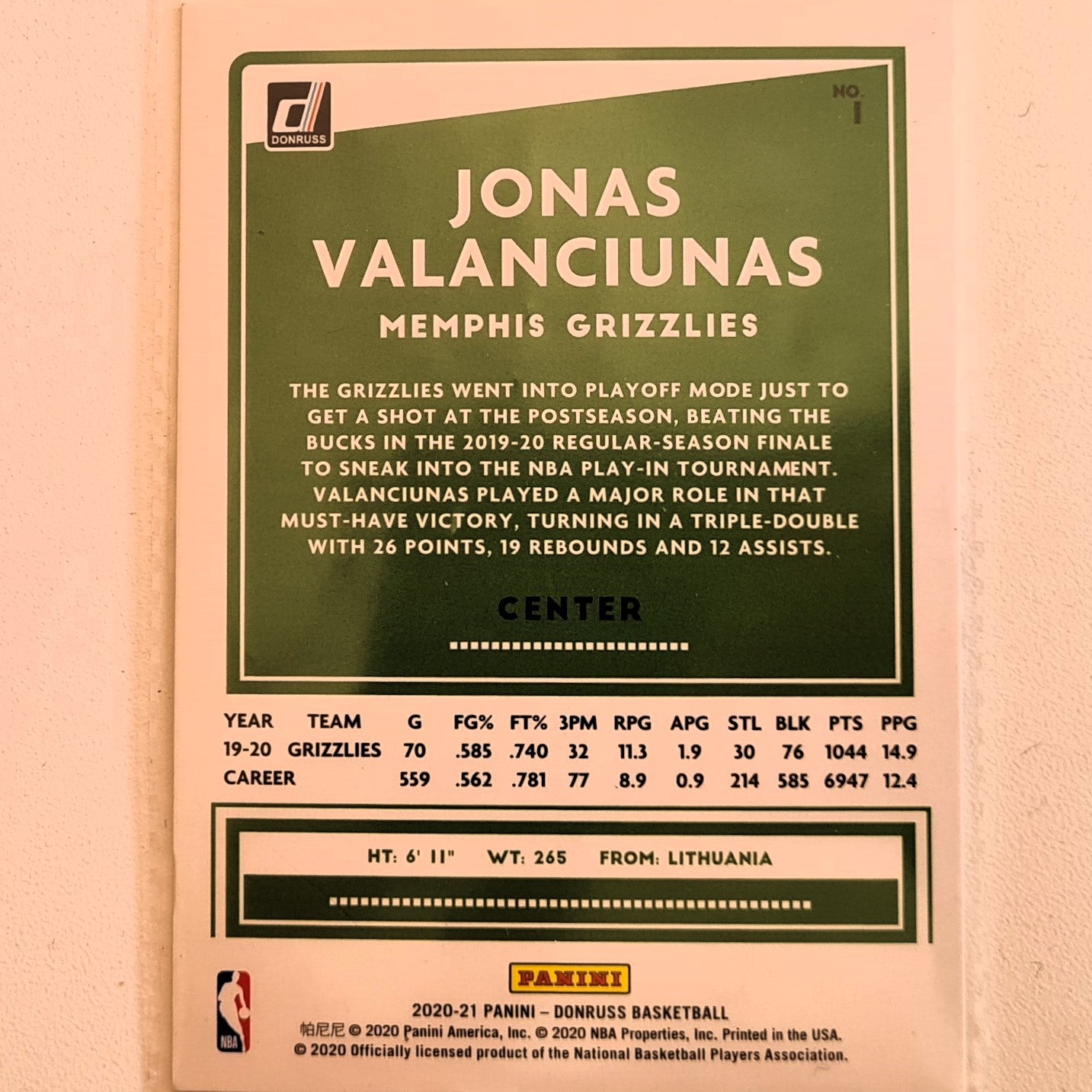 Jonas Valanciunas 2020-21 Panini Donruss 20-21 #1 NBA Basketball Memphis grizzlies excellent good sleeved
