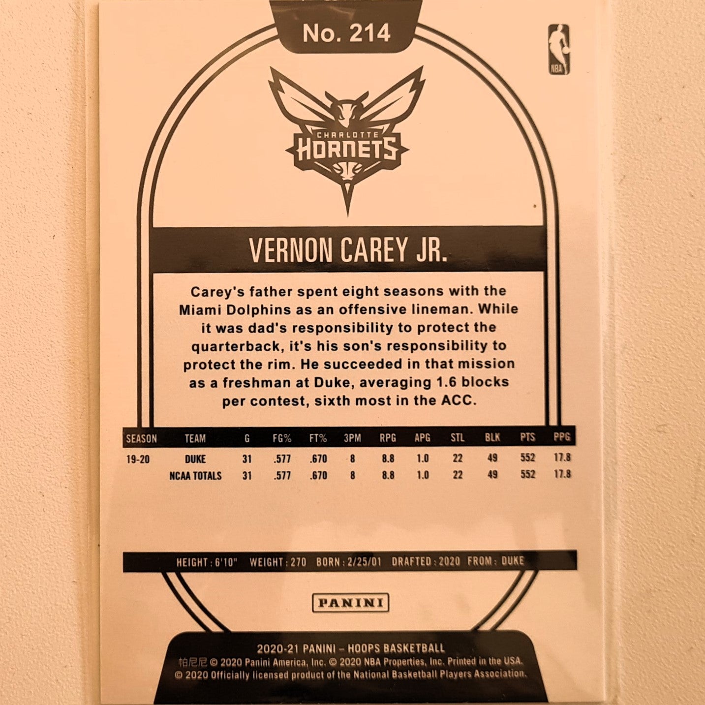 Vernon Carey Jr 2020-21 Panini NBA Hoops Rookie RC #214 NBA Basketball Charlotte Hornets excellent sleeved