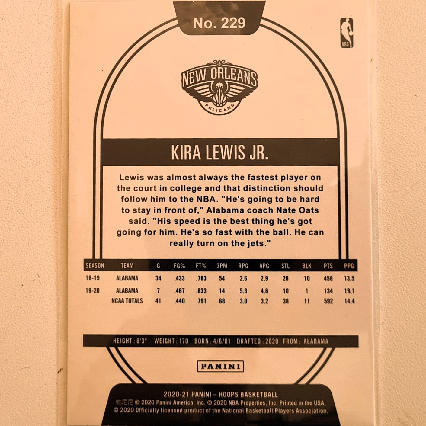 Kira Lewis Jr 2020-21 Panini NBA Hoops Rookie RC #229 NBA Basketball New Orleans Pelicans excellent sleeved