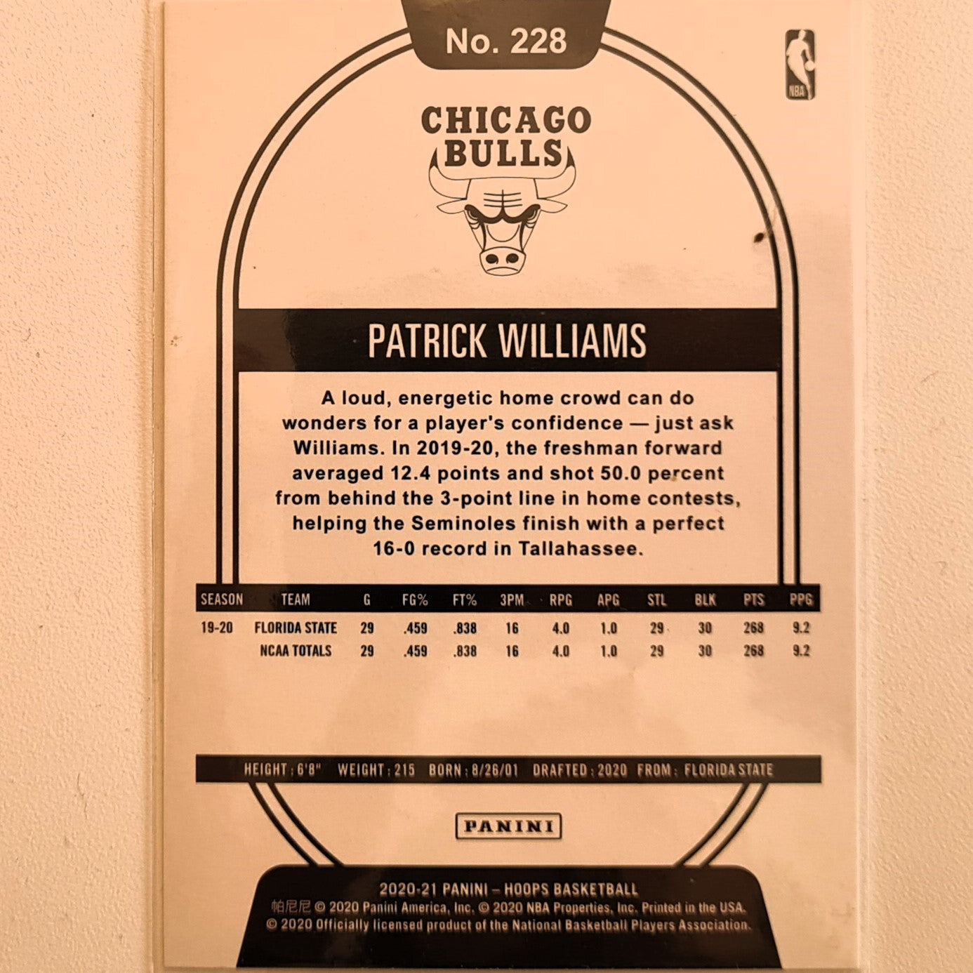 Patrick Williams 2020-21 Panini NBA Hoops Rookie RC winter edition #228 NBA Basketball Chicago Bulls excellent sleeved