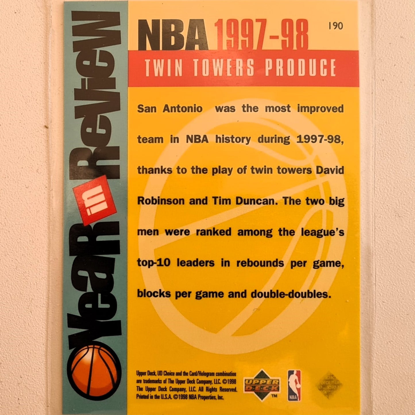 Tim Duncan David Robinson 1998 Upper-Deck Twin Towers Produce #190 NBA Basketball San Antonio Spurs excellent Sleeved