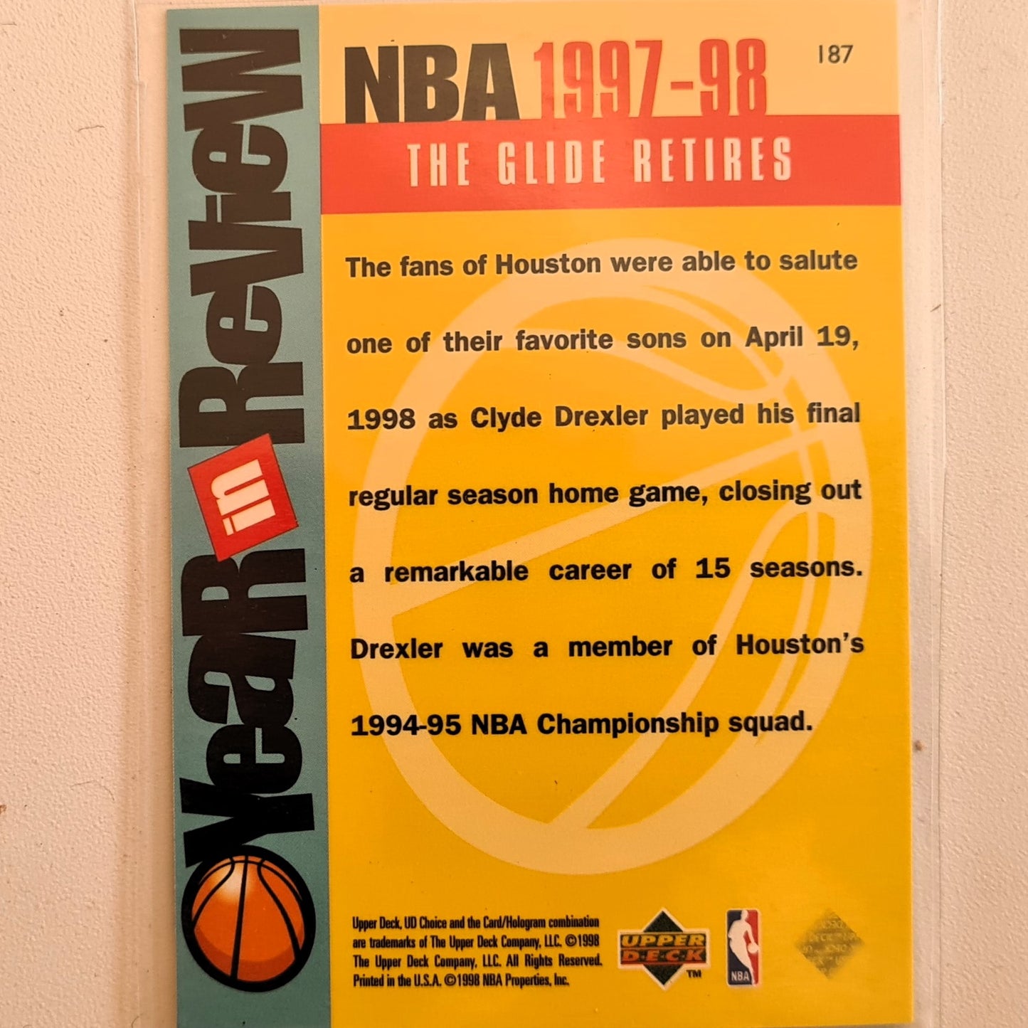 Clyde Drexler 1998 Upper-Deck The glide retires #187 NBA Basketball Houston Rockets excellent Sleeved