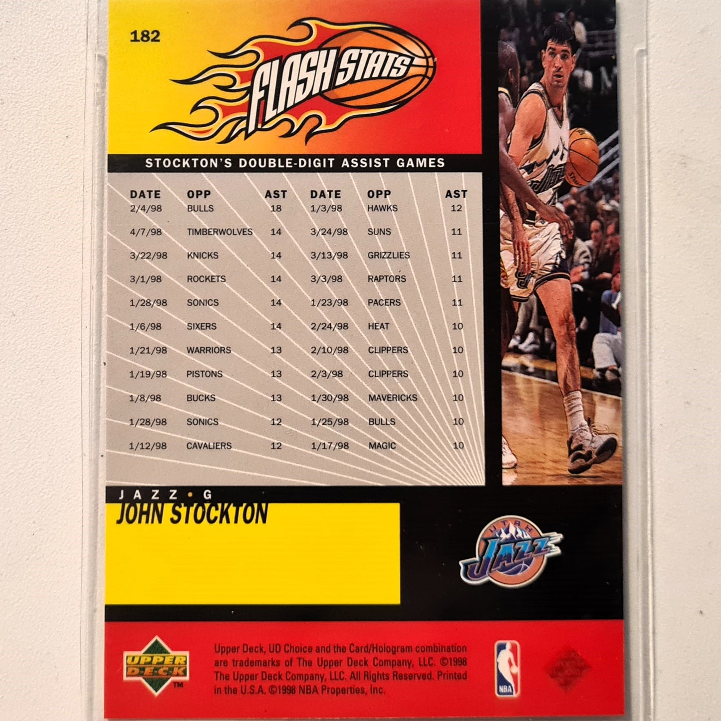 John Stockton 1998 Upper-Deck Flash Stats #182 NBA Basketball Utah Jazz excellent Sleeved