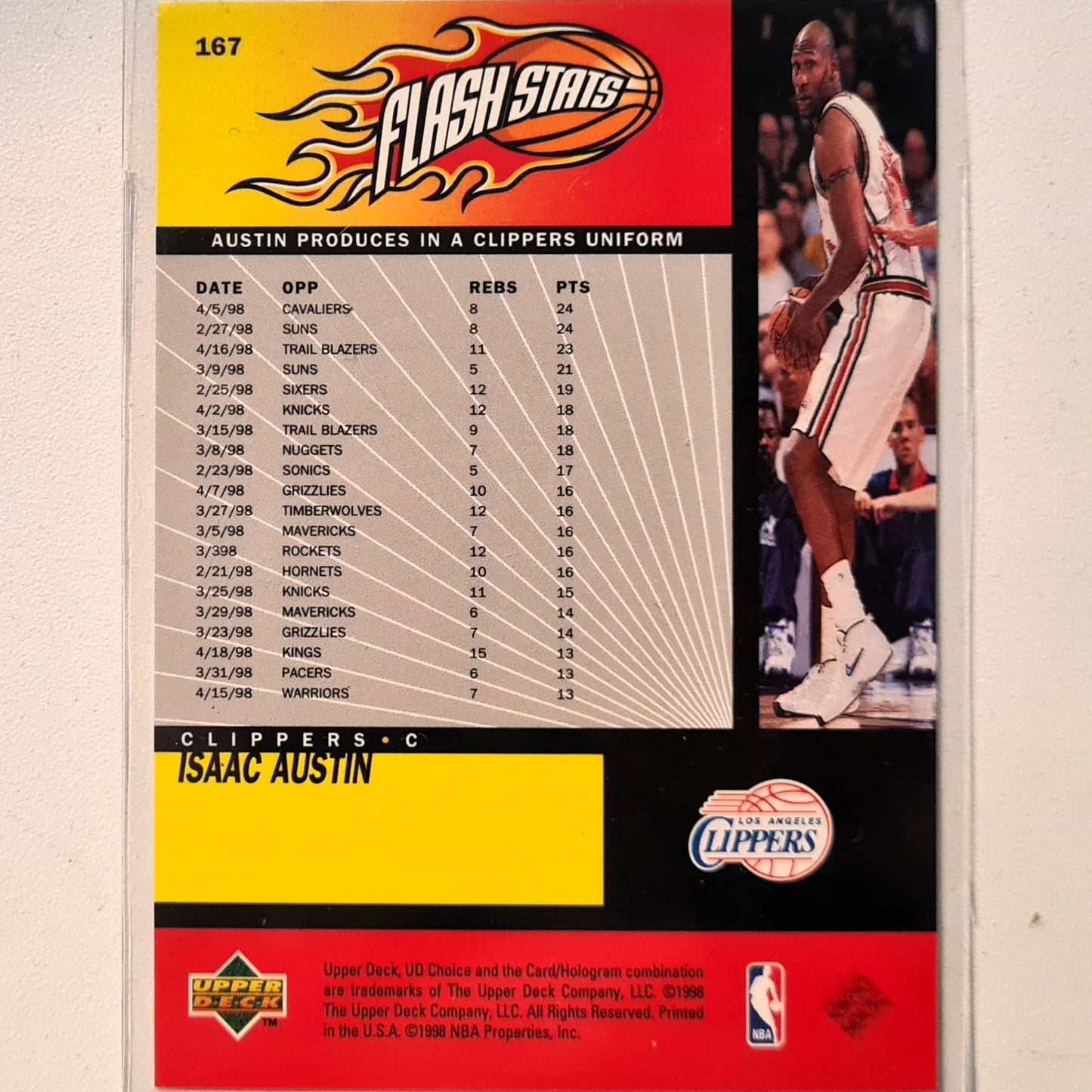 Isaac Austin 1998 Upper-Deck Flash Stats #167 NBA Basketball Los Angeles Clippers excellent Sleeved