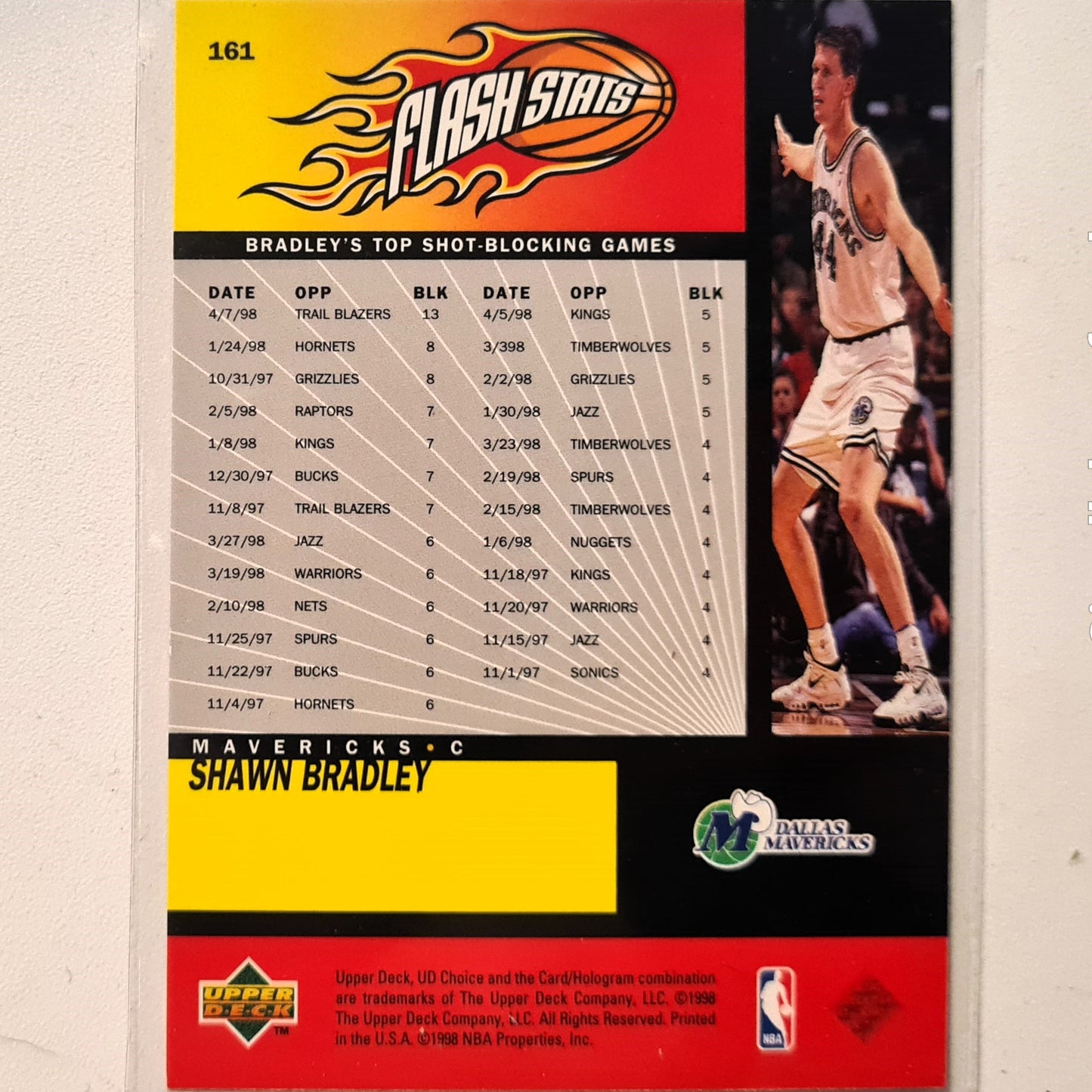 Shawn Bradley 1998 Upper-Deck Flash Stats #161 NBA Basketball Dallas Mavericks excellent Sleeved