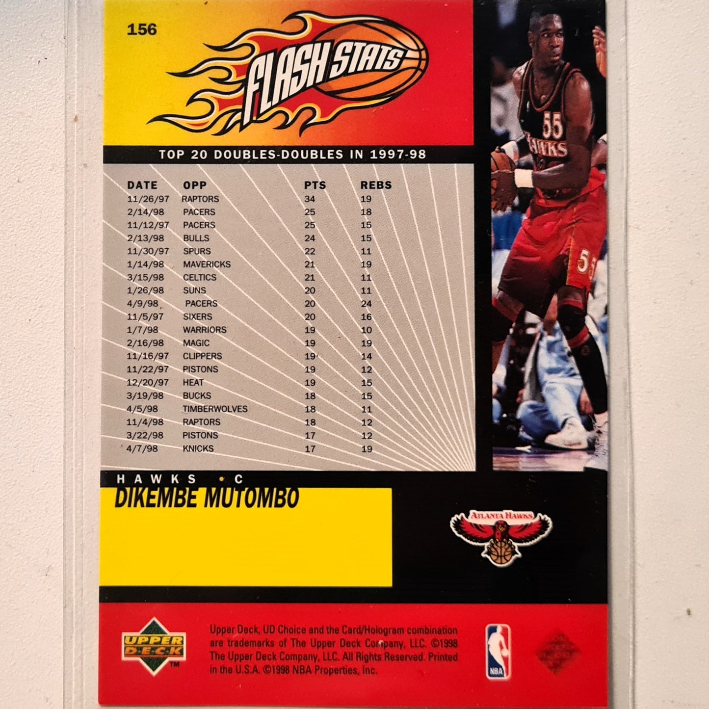 Dikembe Mutombo 1998 Upper-Deck Flash Stats #156 NBA Basketball Atlanta Hawks excellent Sleeved