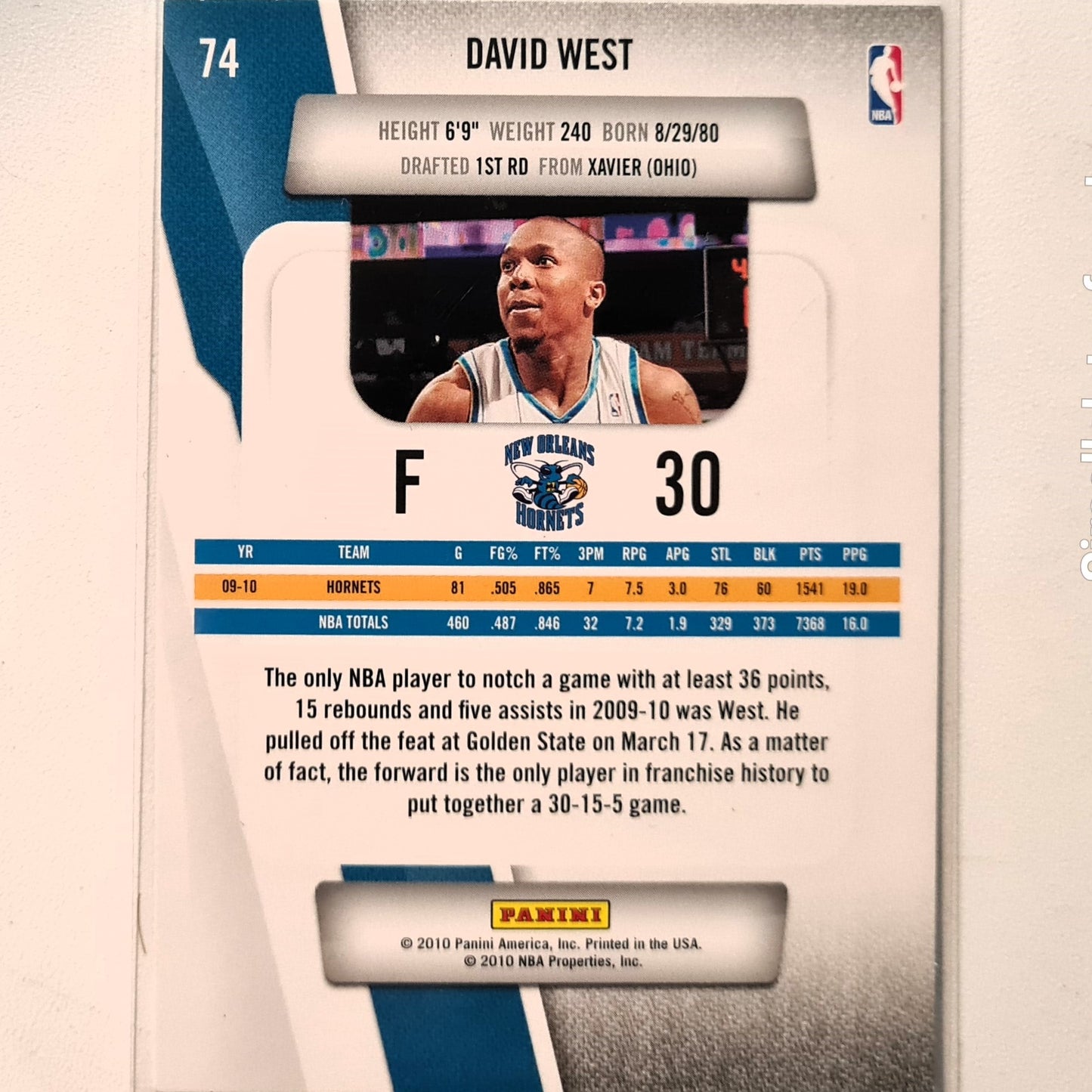 David West 2010-11 Panini Prestige #74 NBA Basketball Charlotte Hornets Excellent Sleeved