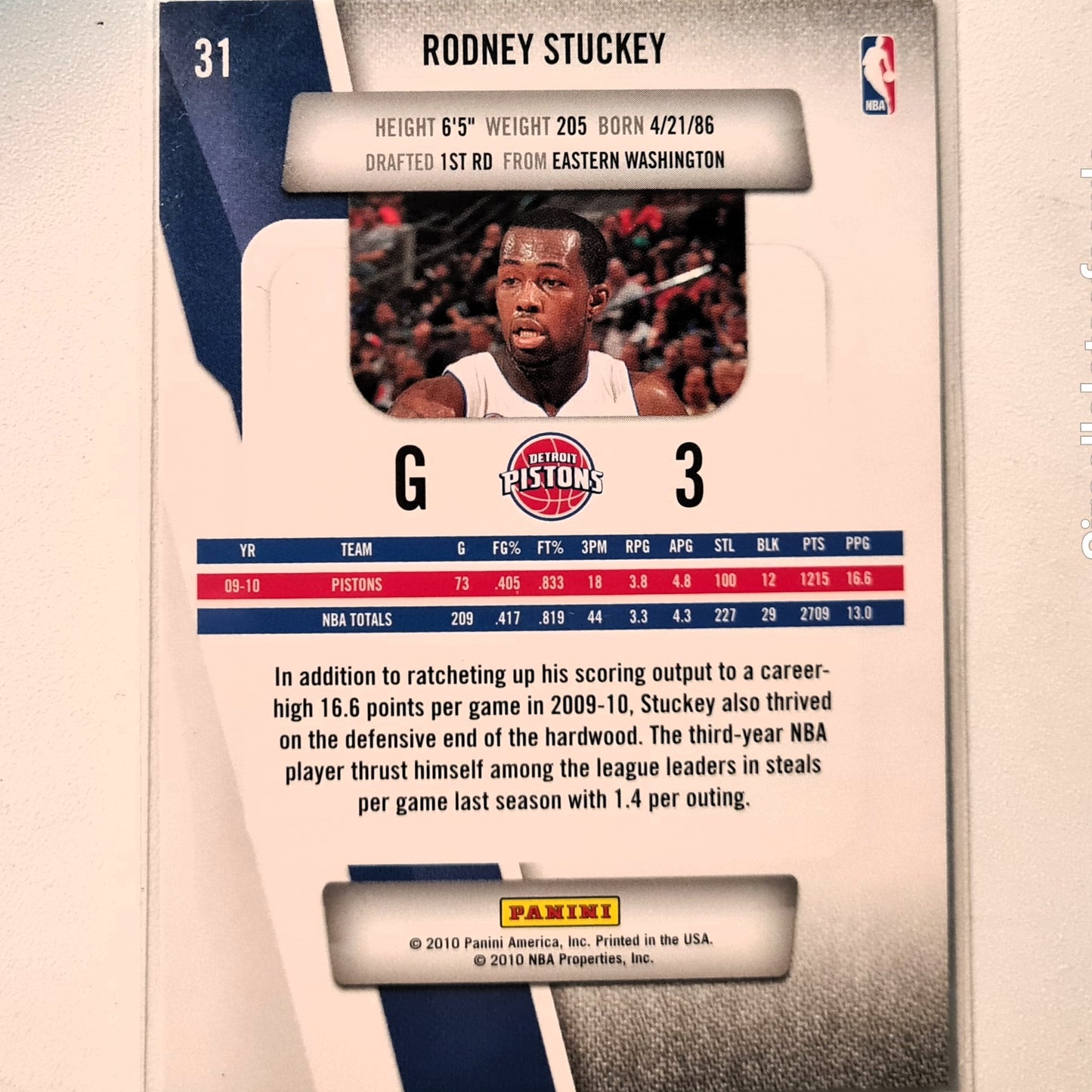 Rodney Stuckey 2010-11 Panini Prestige #31 NBA Basketball Detroit Pistons very good Sleeved