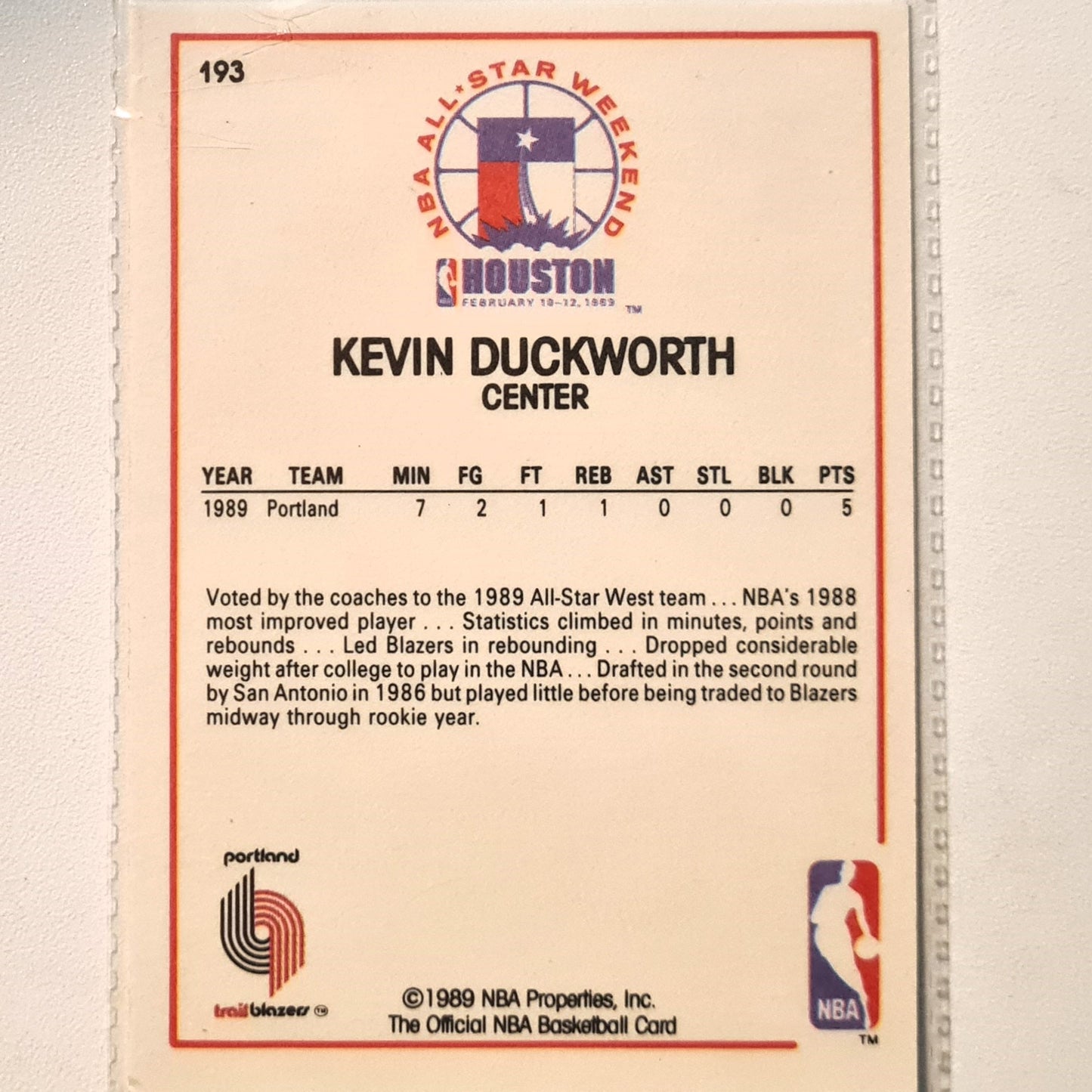 Kevin Duckworth 1989 NBA Hoops all star game #193 NBA Basketball Portland Trail Blazers Excellent sleeved