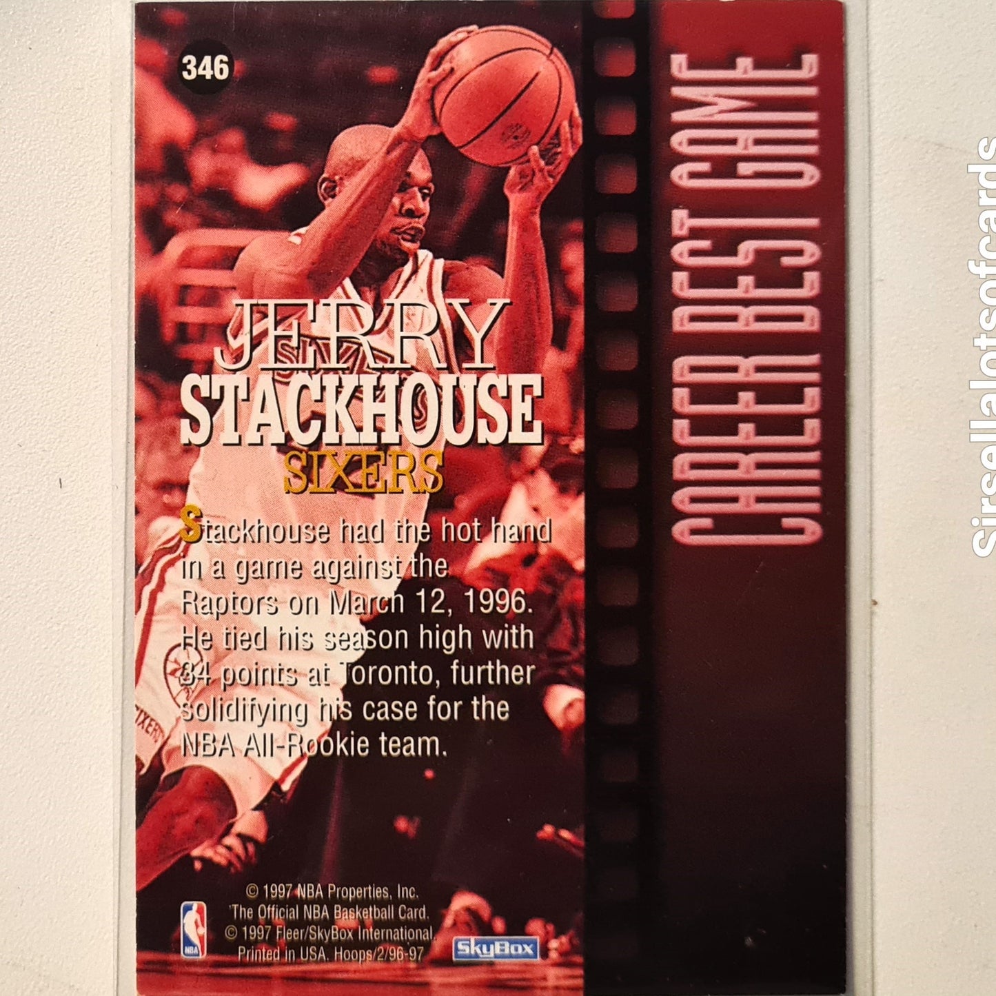 Jerry Stackhouse 1997 Skybox NBA Hoops career best game #346 NBA Basketball Philadelphia 76ers Very Good sleeved