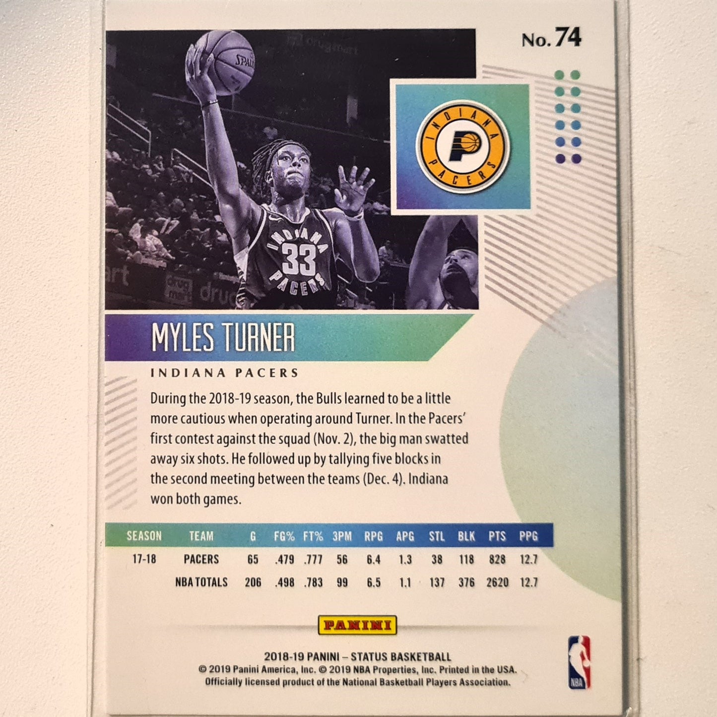 Myles Turner 2018-19 Panini Status #74 NBA Basketball Indiana Pacers Excellent sleeved