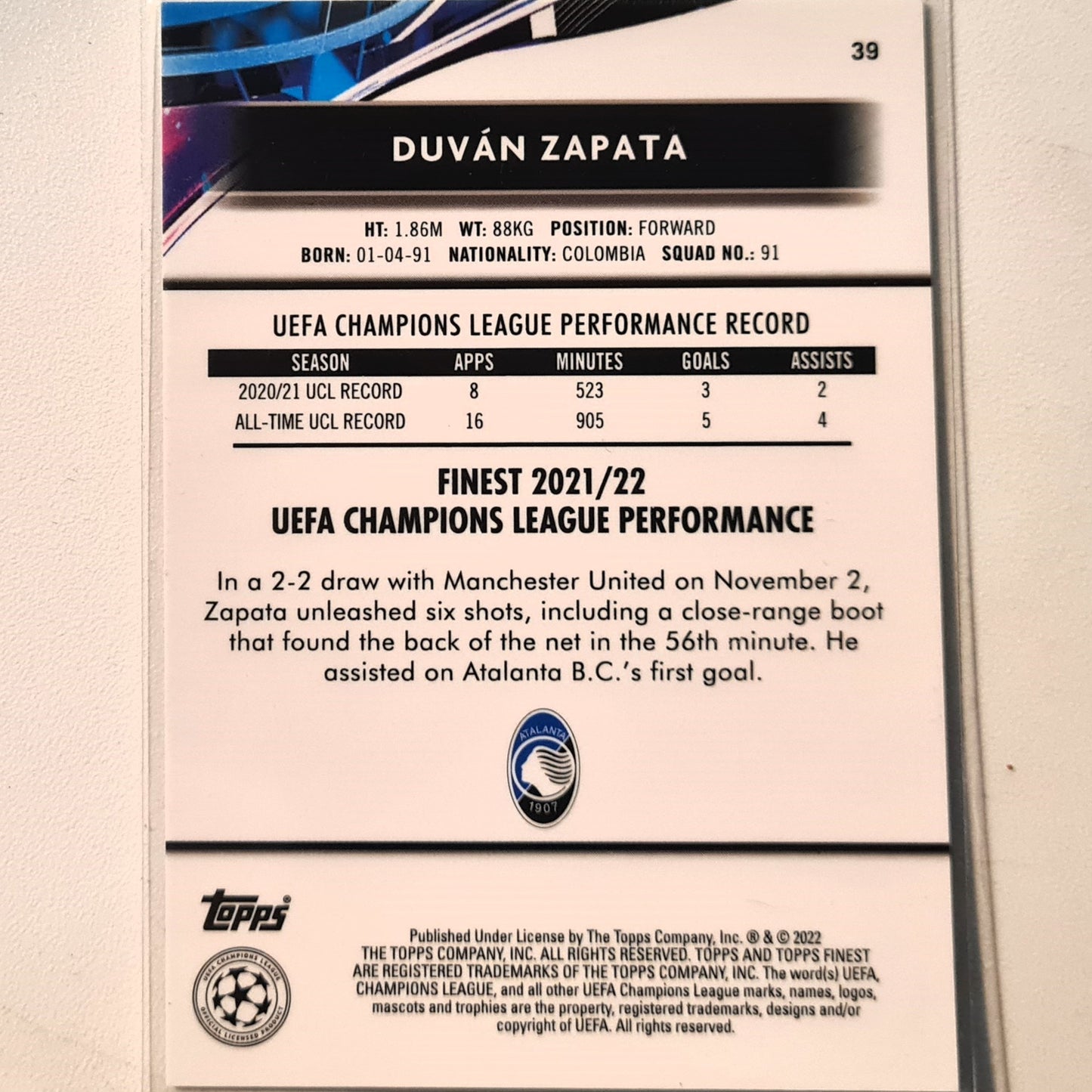 Duvan Zapata 2022 Topps Finest Champions League #39 Soccer Football Atalanta Excellent sleeved